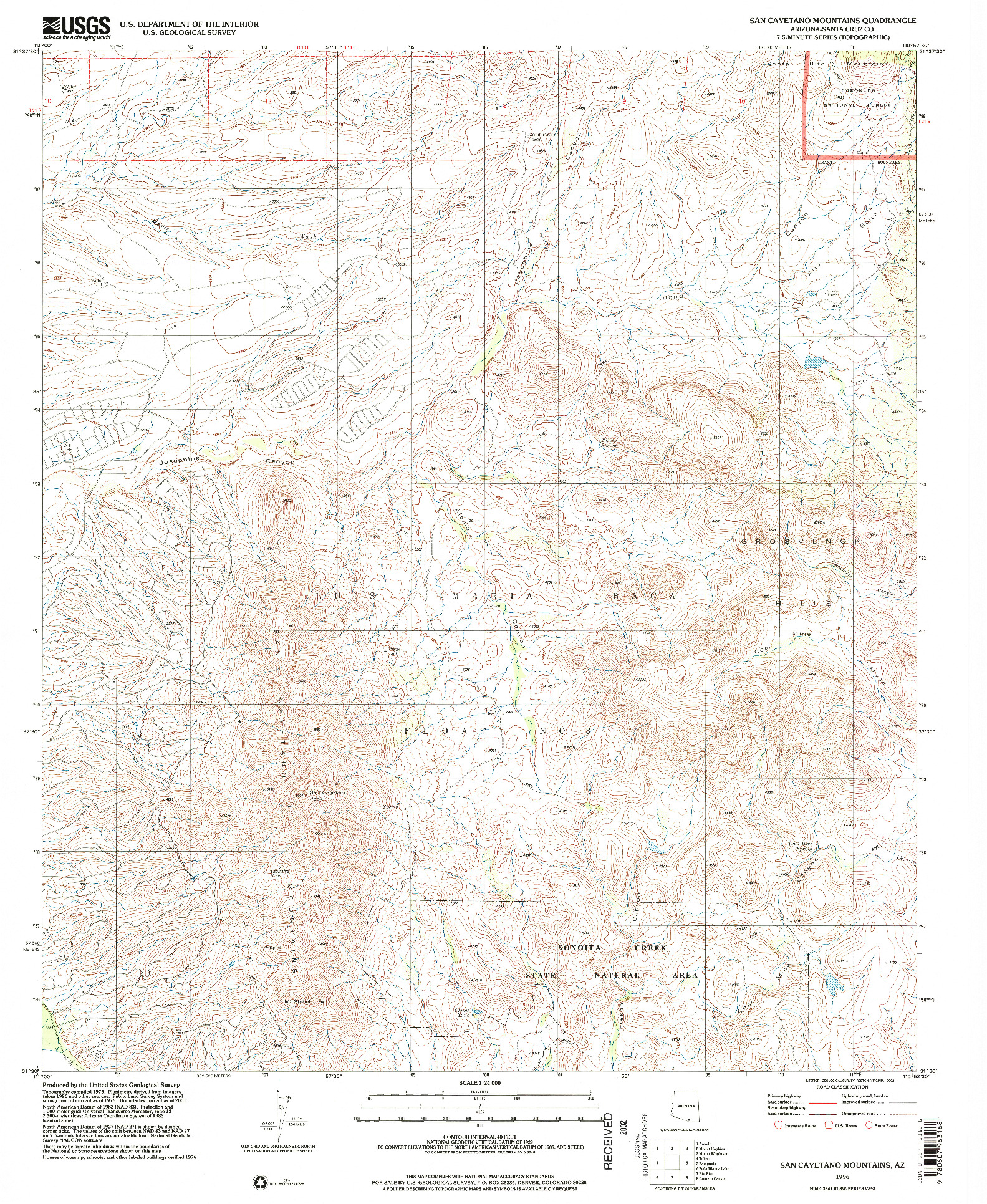 USGS 1:24000-SCALE QUADRANGLE FOR SAN CAYETANO MOUNTAINS, AZ 1996