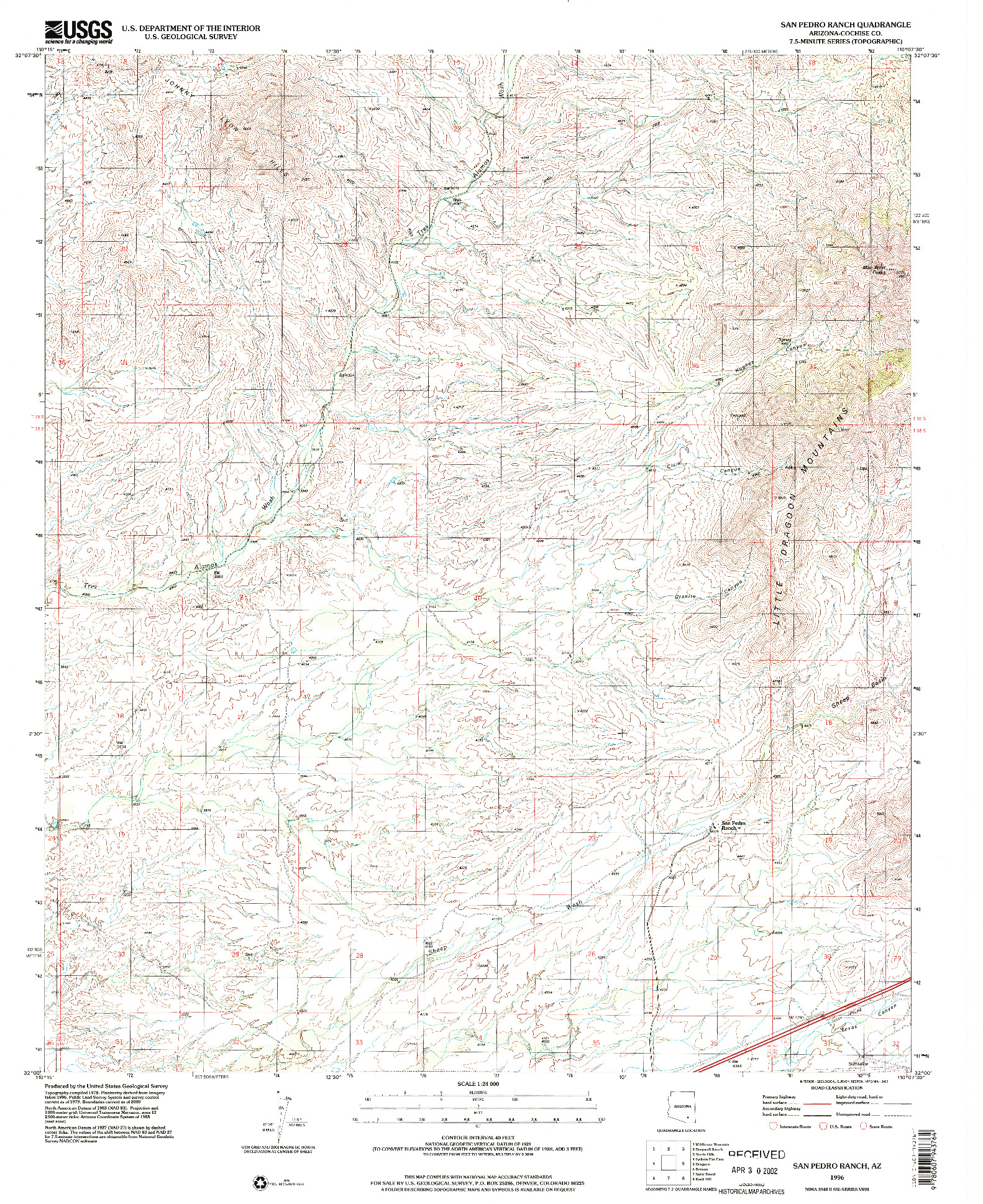 USGS 1:24000-SCALE QUADRANGLE FOR SAN PEDRO RANCH, AZ 1996
