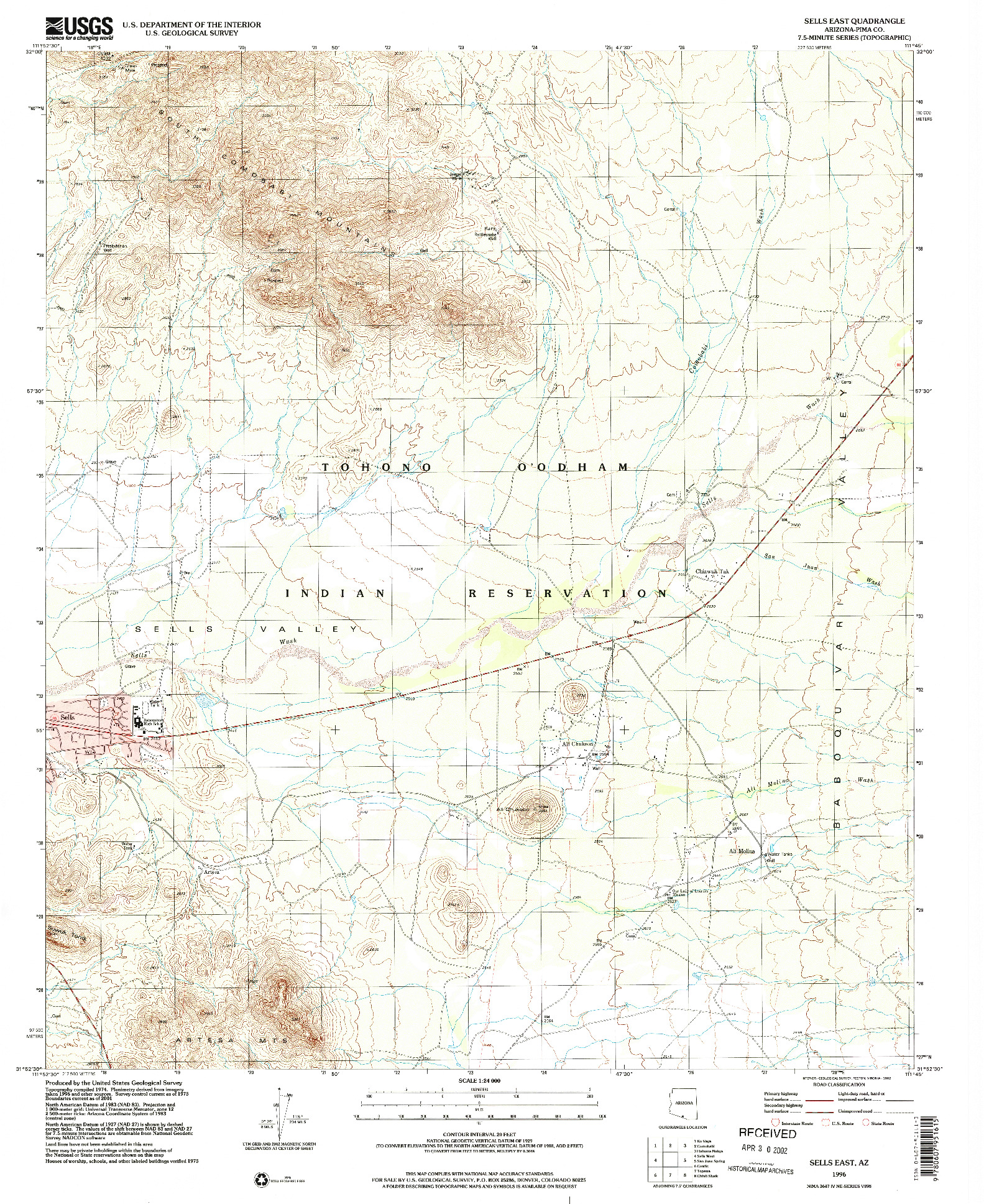 USGS 1:24000-SCALE QUADRANGLE FOR SELLS EAST, AZ 1996