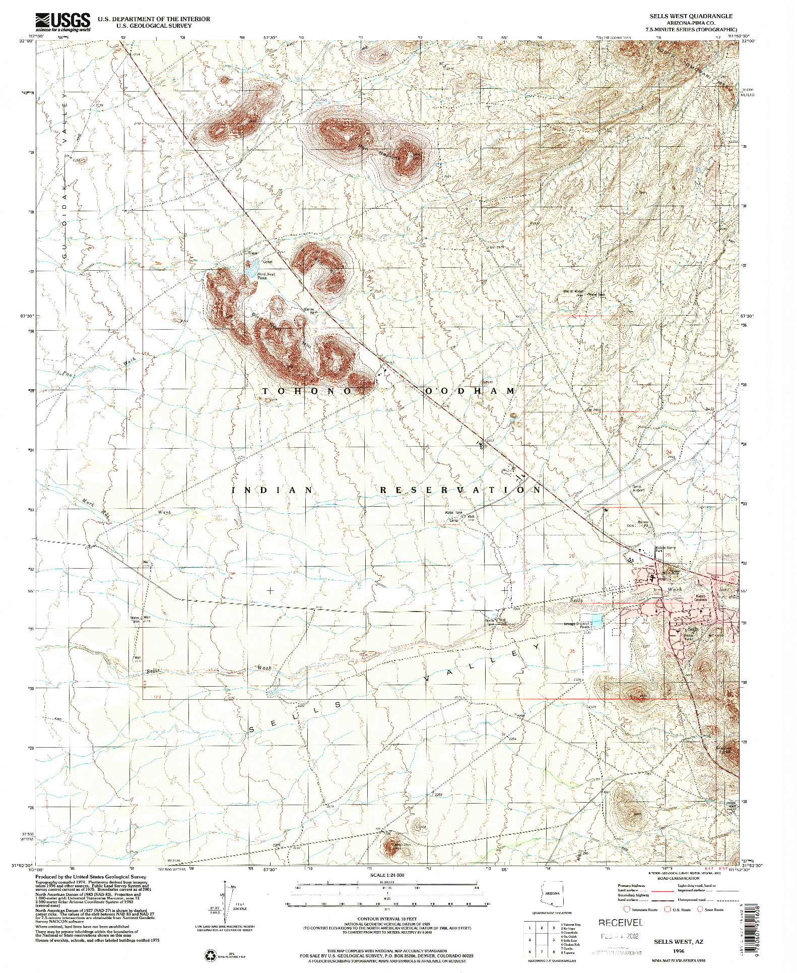 USGS 1:24000-SCALE QUADRANGLE FOR SELLS WEST, AZ 1996