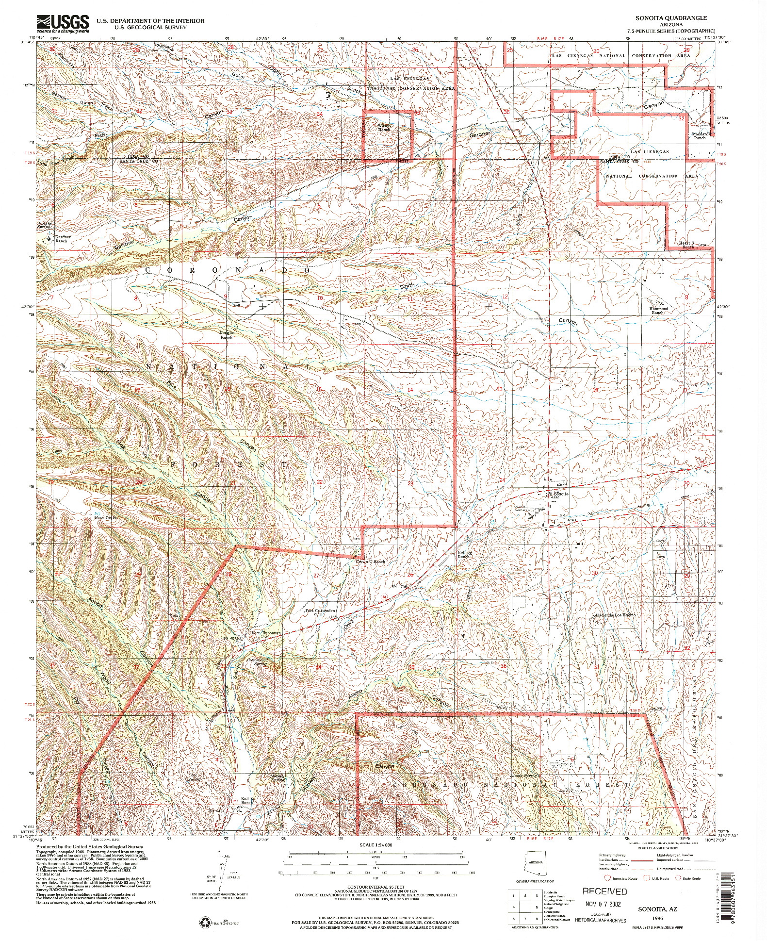 USGS 1:24000-SCALE QUADRANGLE FOR SONOITA, AZ 1996