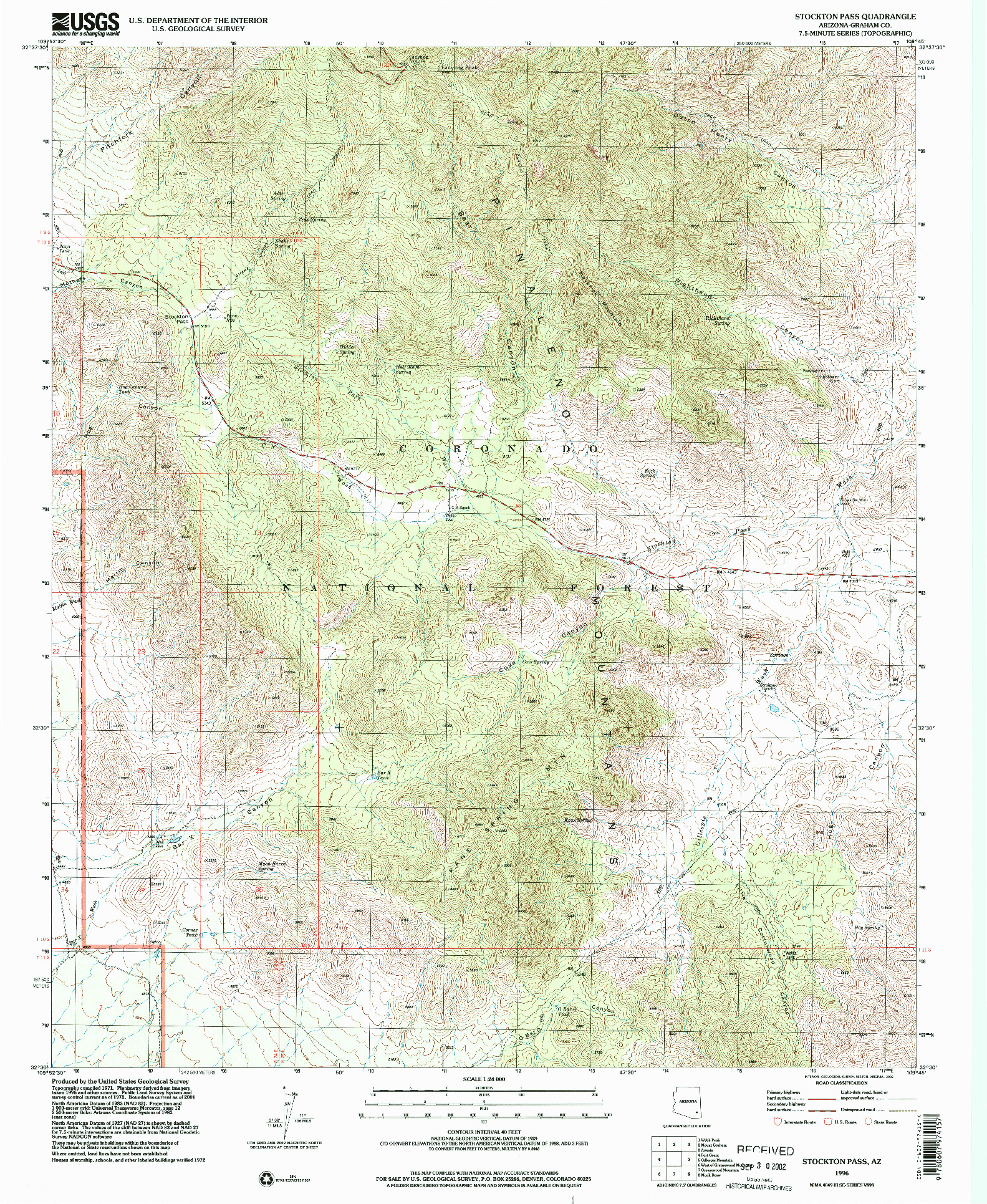 USGS 1:24000-SCALE QUADRANGLE FOR STOCKTON PASS, AZ 1996