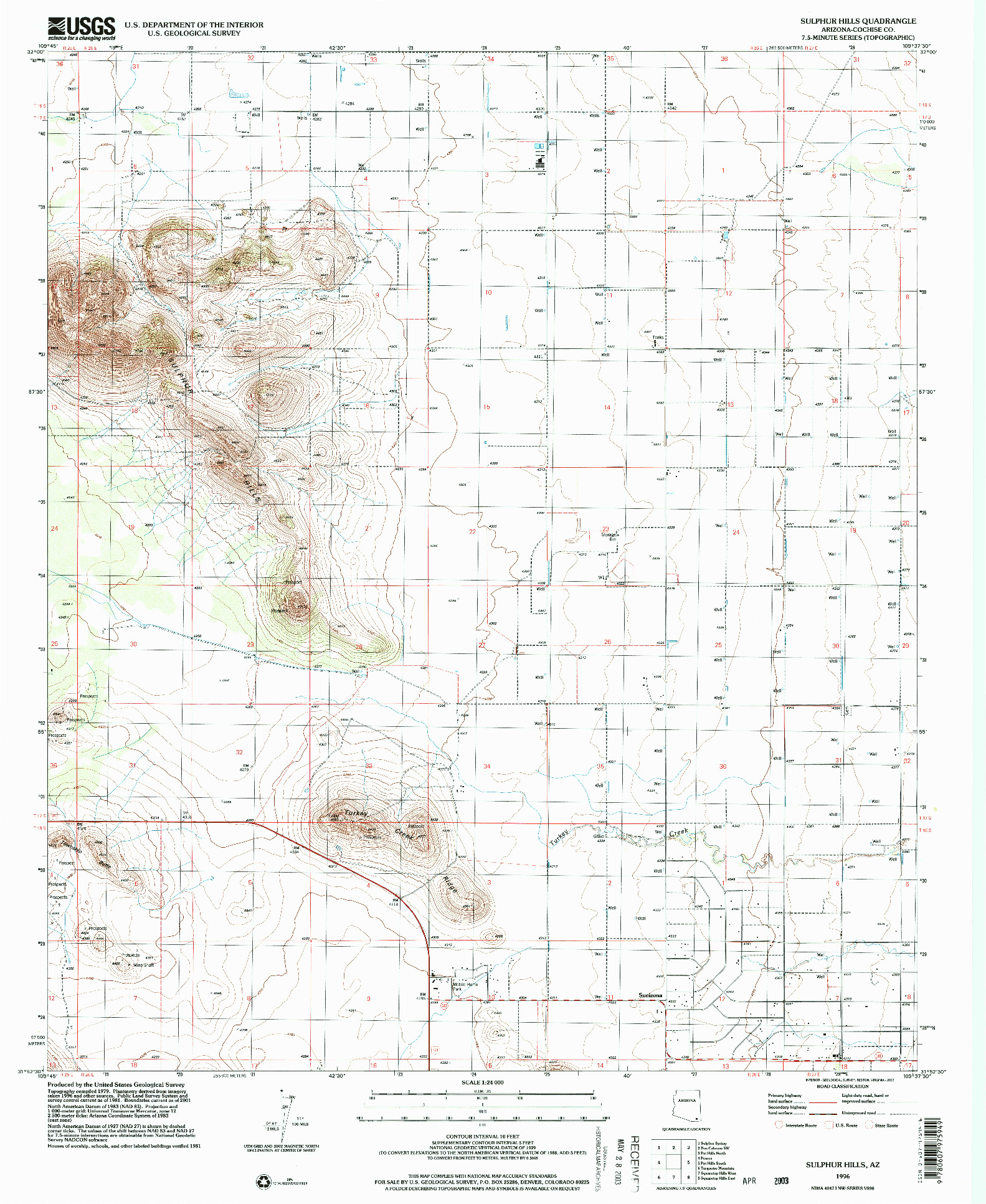 USGS 1:24000-SCALE QUADRANGLE FOR SULPHUR HILLS, AZ 1996