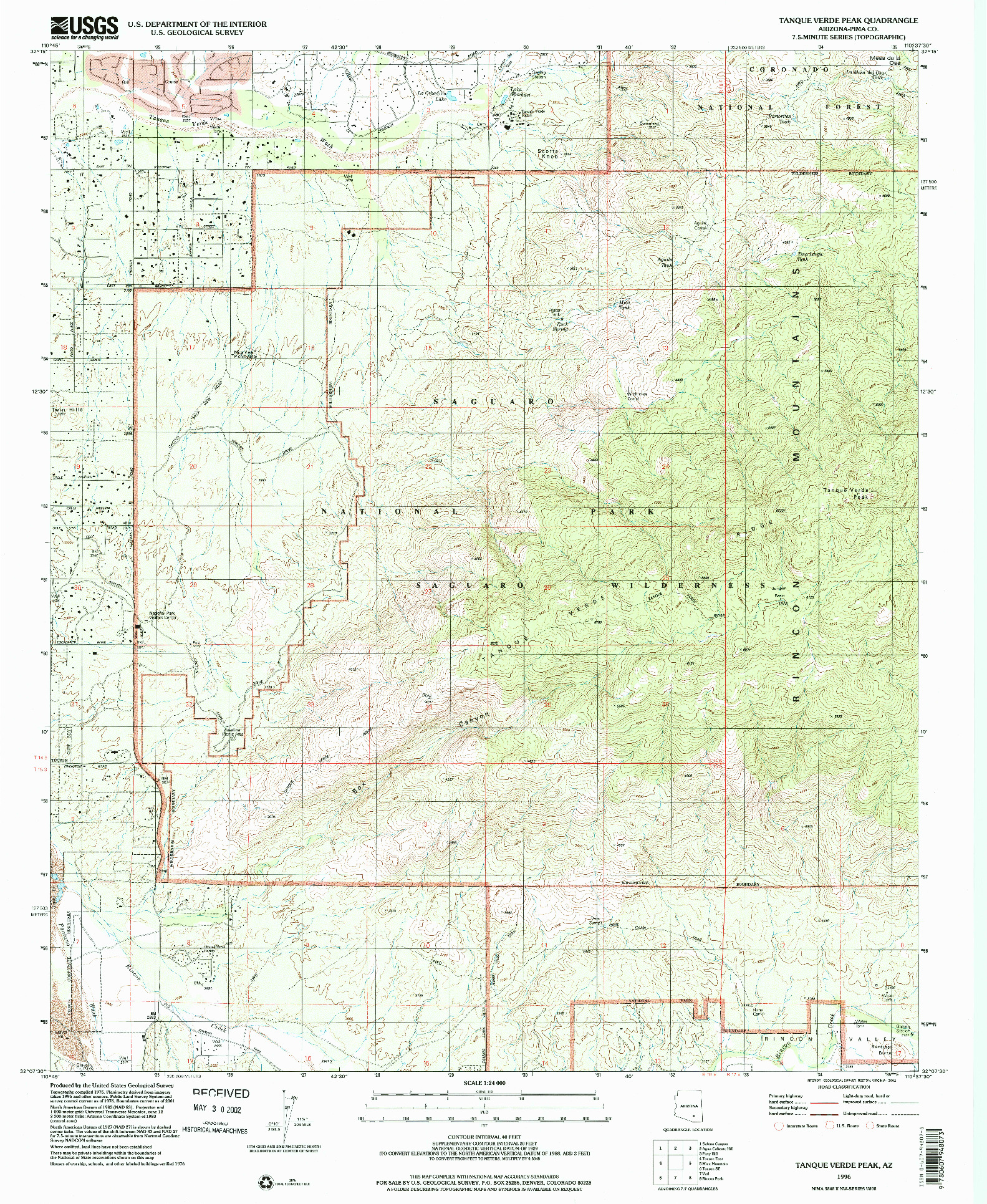 USGS 1:24000-SCALE QUADRANGLE FOR TANQUE VERDE PEAK, AZ 1996