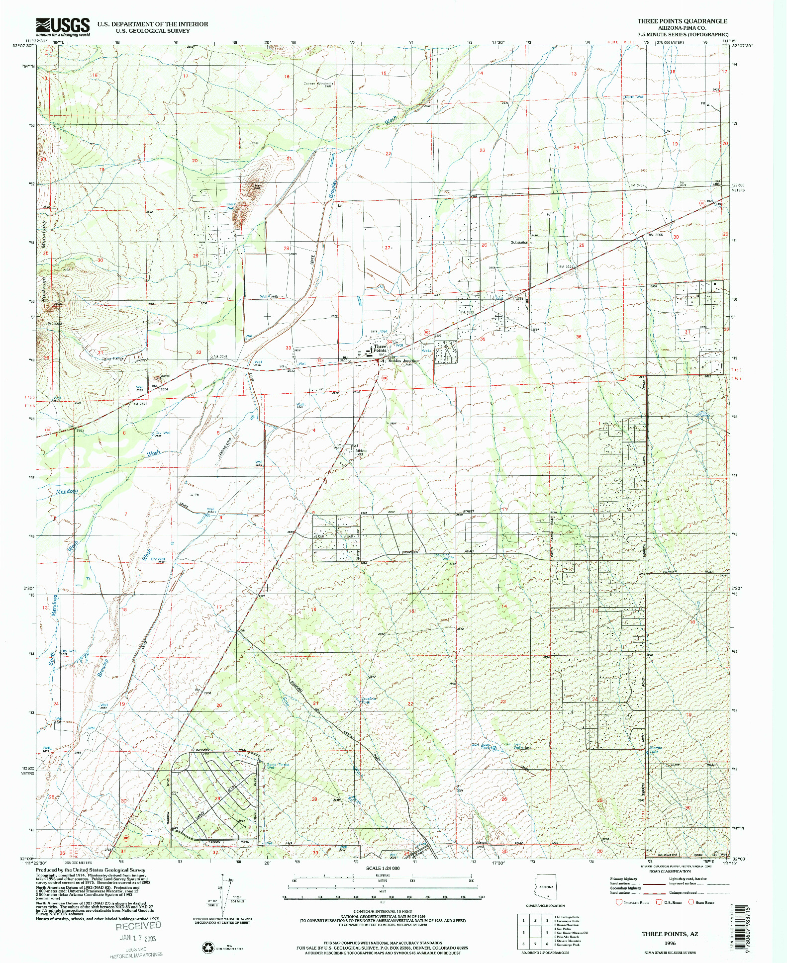 USGS 1:24000-SCALE QUADRANGLE FOR THREE POINTS, AZ 1996