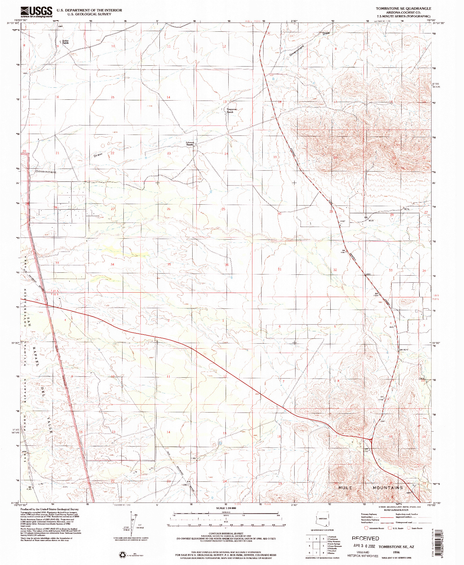 USGS 1:24000-SCALE QUADRANGLE FOR TOMBSTONE SE, AZ 1996