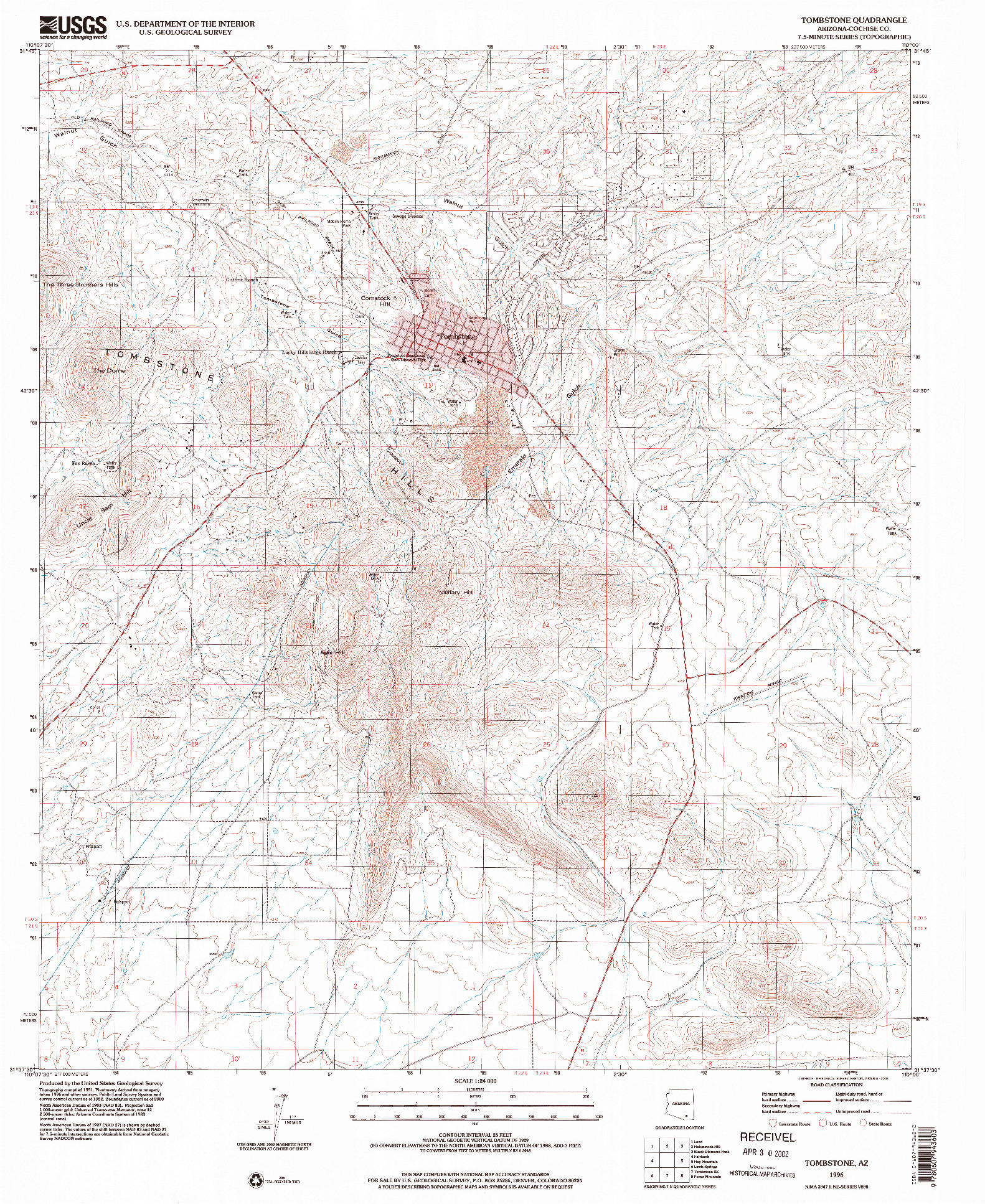 USGS 1:24000-SCALE QUADRANGLE FOR TOMBSTONE, AZ 1996