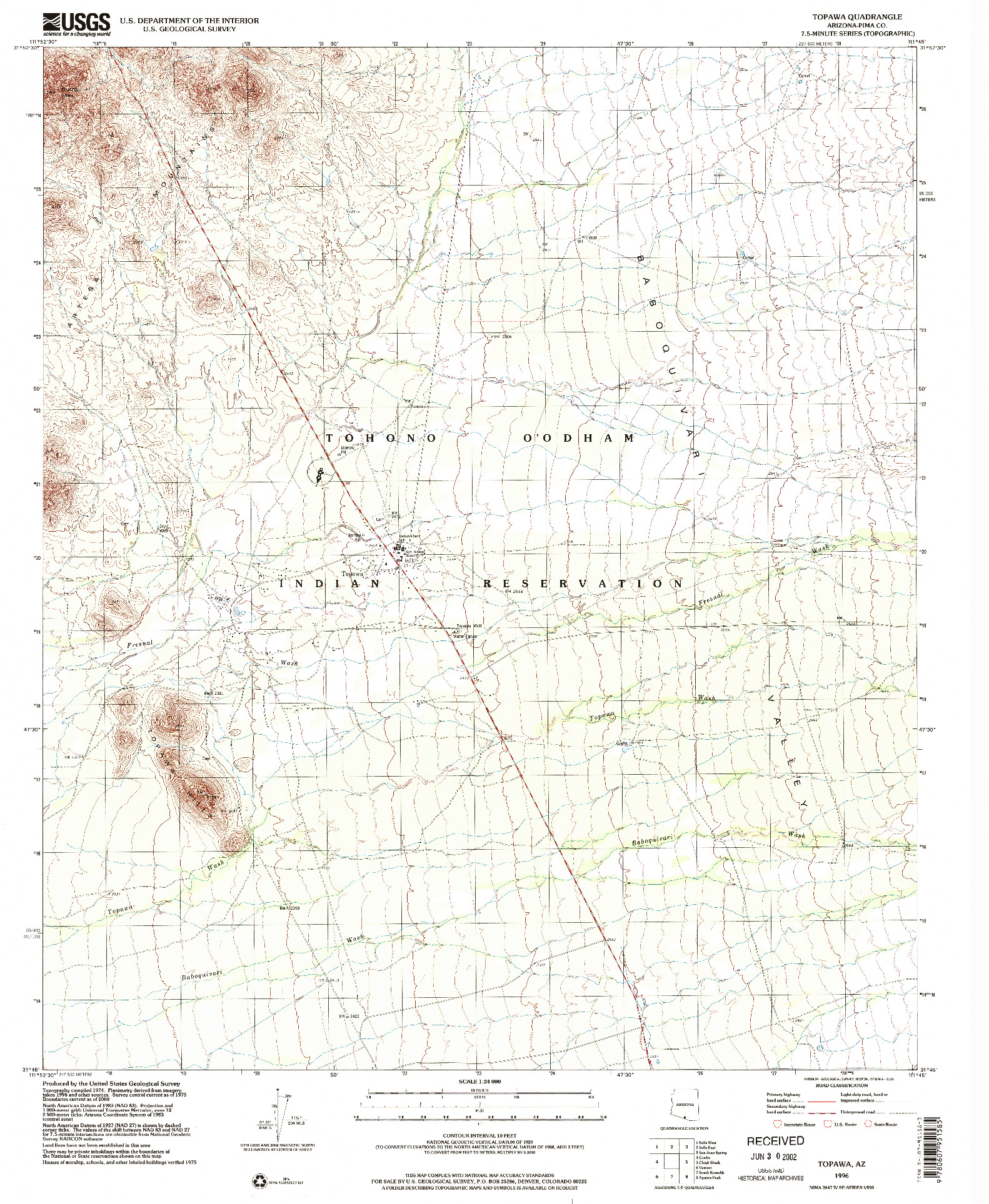 USGS 1:24000-SCALE QUADRANGLE FOR TOPAWA, AZ 1996