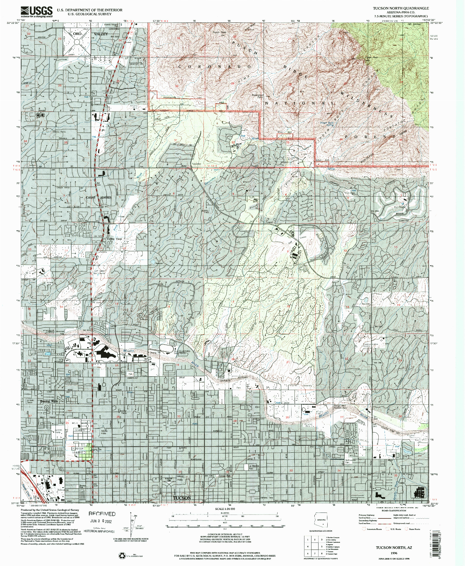 USGS 1:24000-SCALE QUADRANGLE FOR TUCSON NORTH, AZ 1996