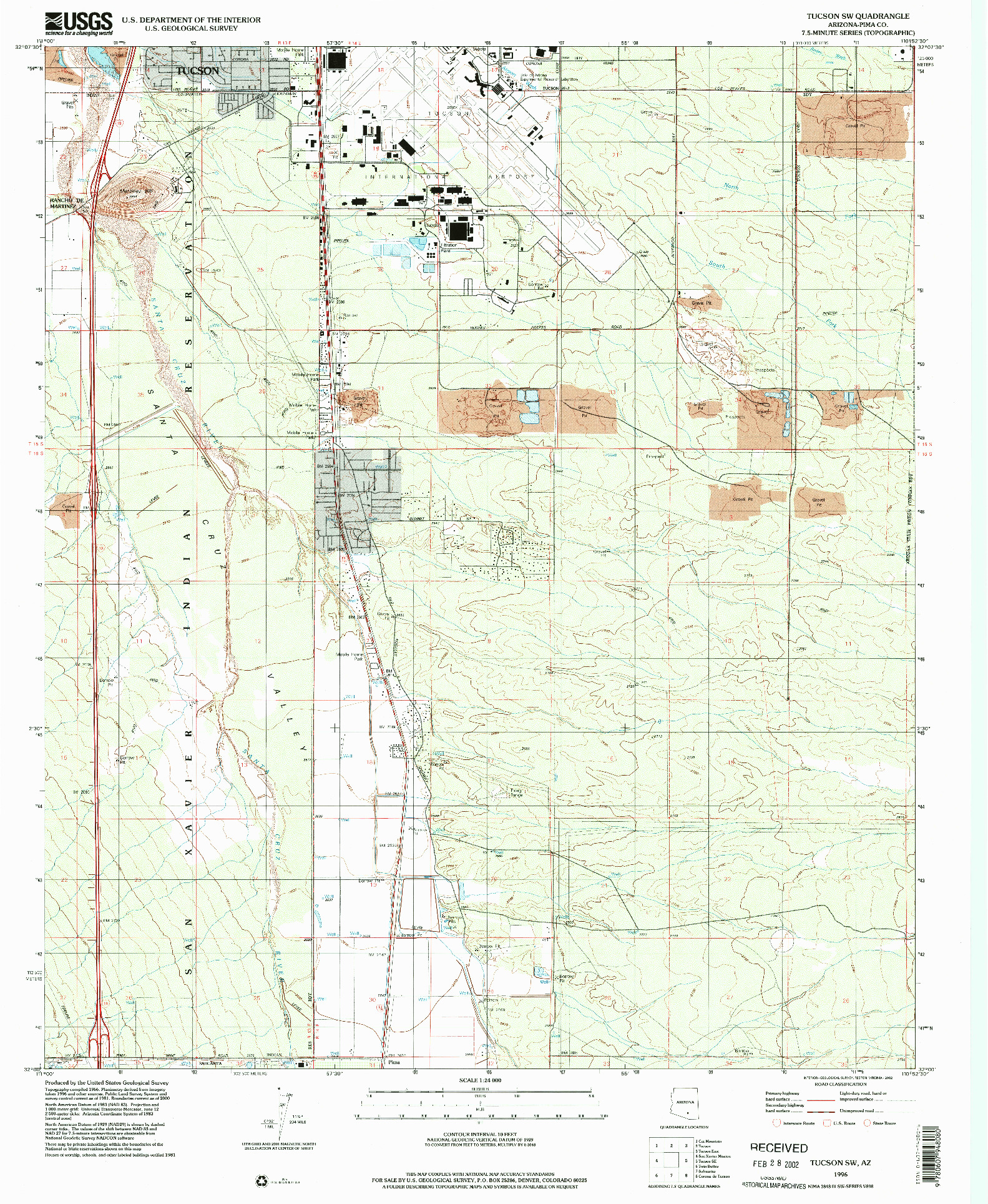 USGS 1:24000-SCALE QUADRANGLE FOR TUCSON SW, AZ 1996
