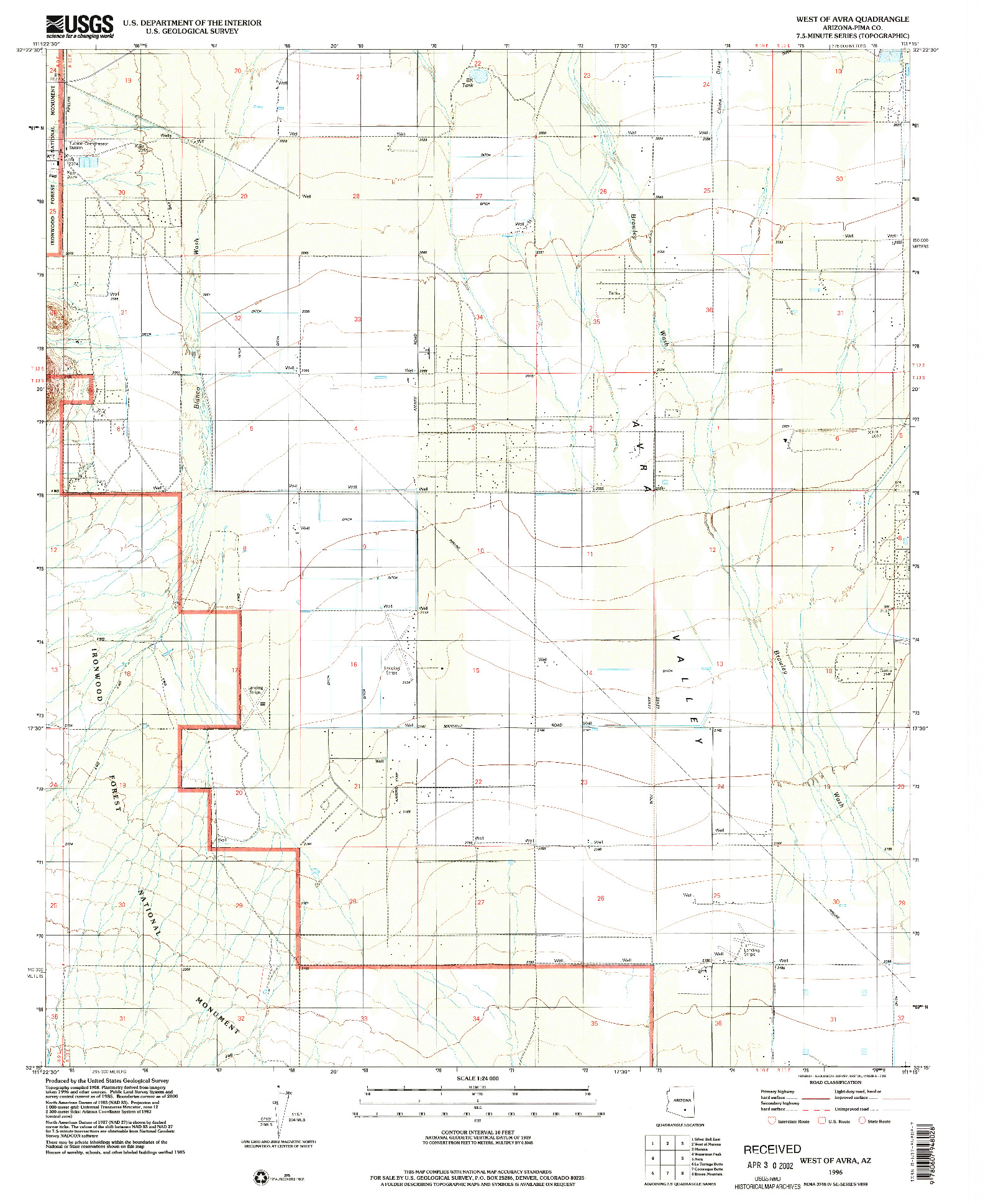 USGS 1:24000-SCALE QUADRANGLE FOR WEST OF AVRA, AZ 1996