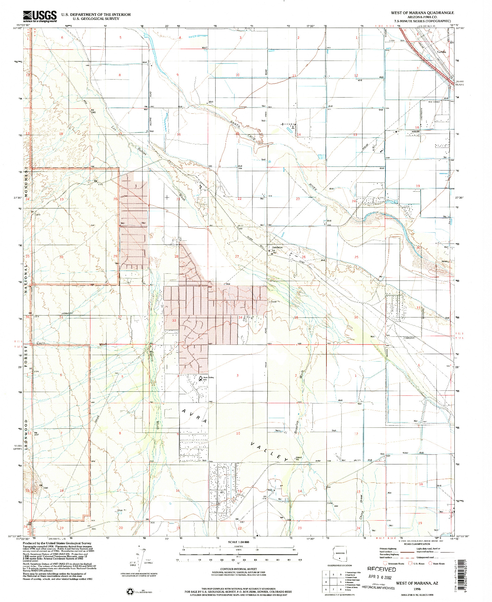 USGS 1:24000-SCALE QUADRANGLE FOR WEST OF MARANA, AZ 1996