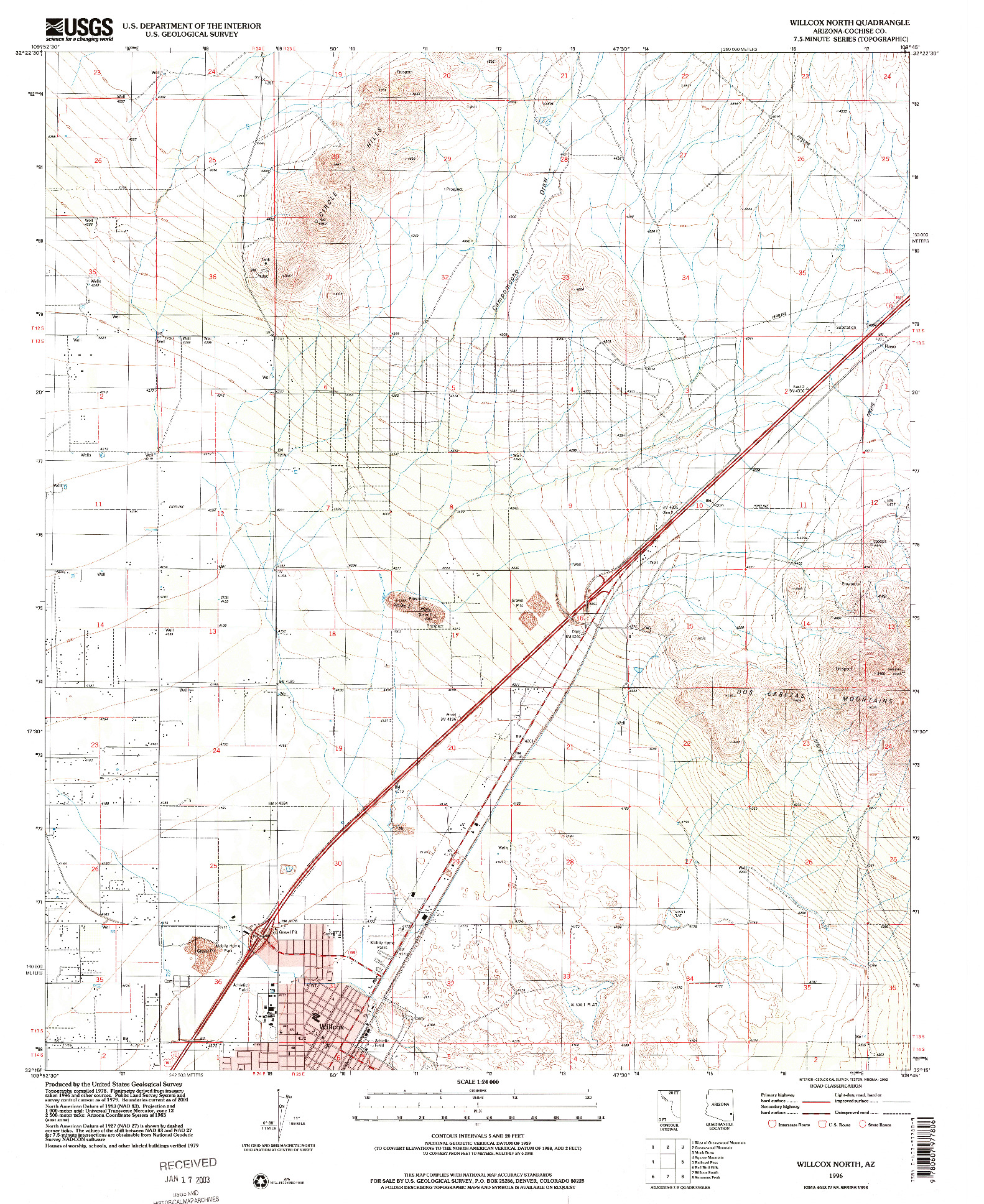 USGS 1:24000-SCALE QUADRANGLE FOR WILLCOX NORTH, AZ 1996