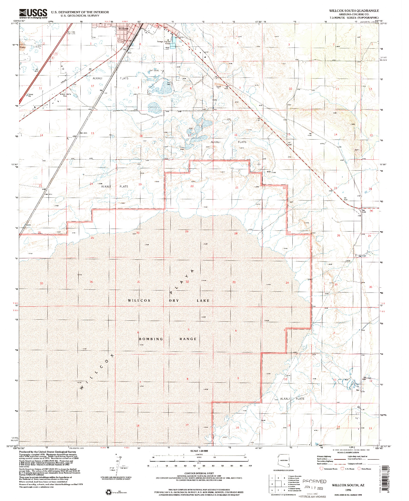 USGS 1:24000-SCALE QUADRANGLE FOR WILLCOX SOUTH, AZ 1996