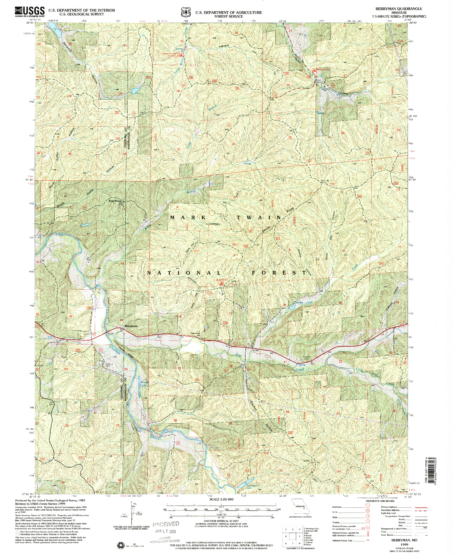 USGS 1:24000-SCALE QUADRANGLE FOR BERRYMAN, MO 1999