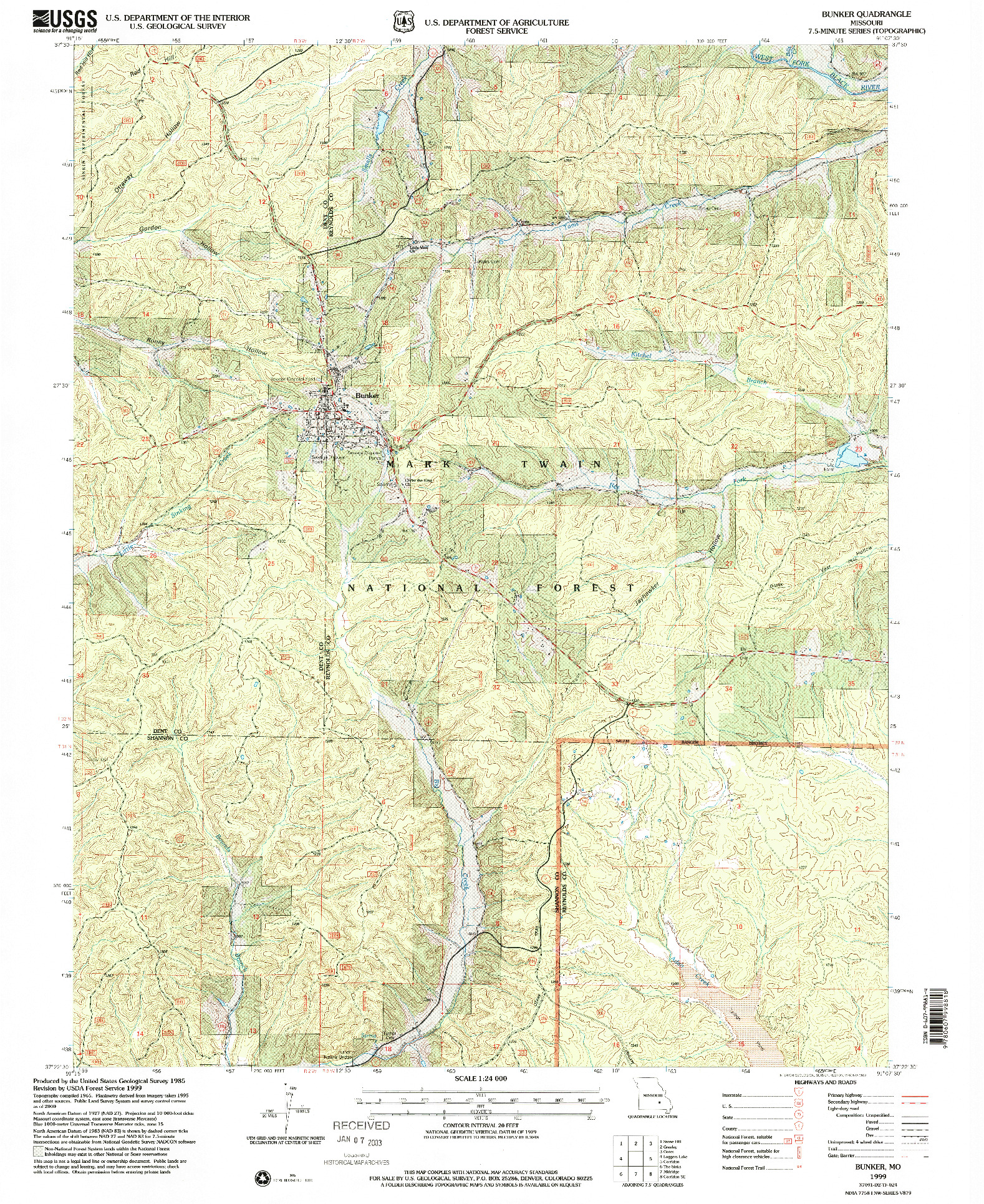 USGS 1:24000-SCALE QUADRANGLE FOR BUNKER, MO 1999