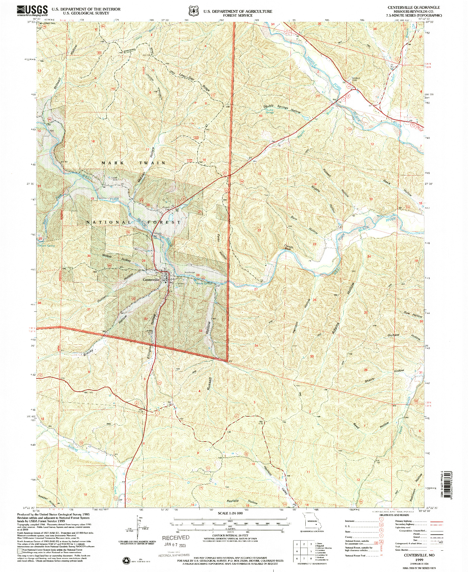USGS 1:24000-SCALE QUADRANGLE FOR CENTERVILLE, MO 1999
