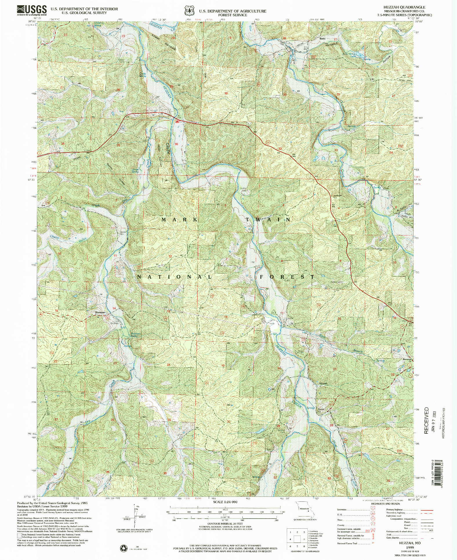 USGS 1:24000-SCALE QUADRANGLE FOR HUZZAH, MO 1999