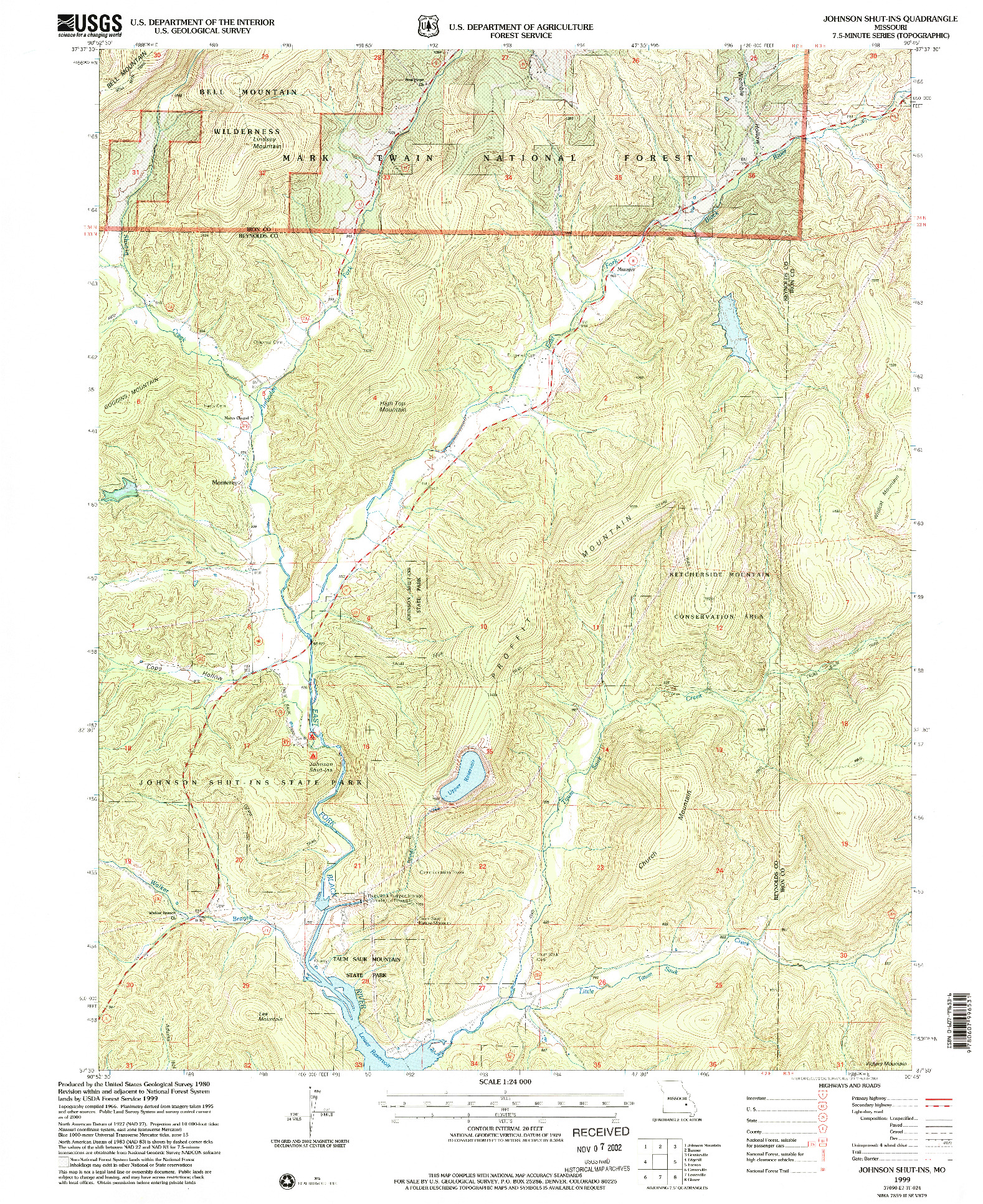 USGS 1:24000-SCALE QUADRANGLE FOR JOHNSON SHUT-INS, MO 1999