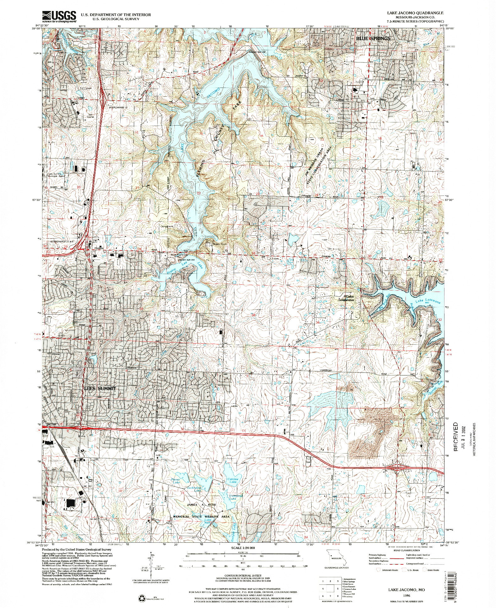 USGS 1:24000-SCALE QUADRANGLE FOR LAKE JACOMO, MO 1996