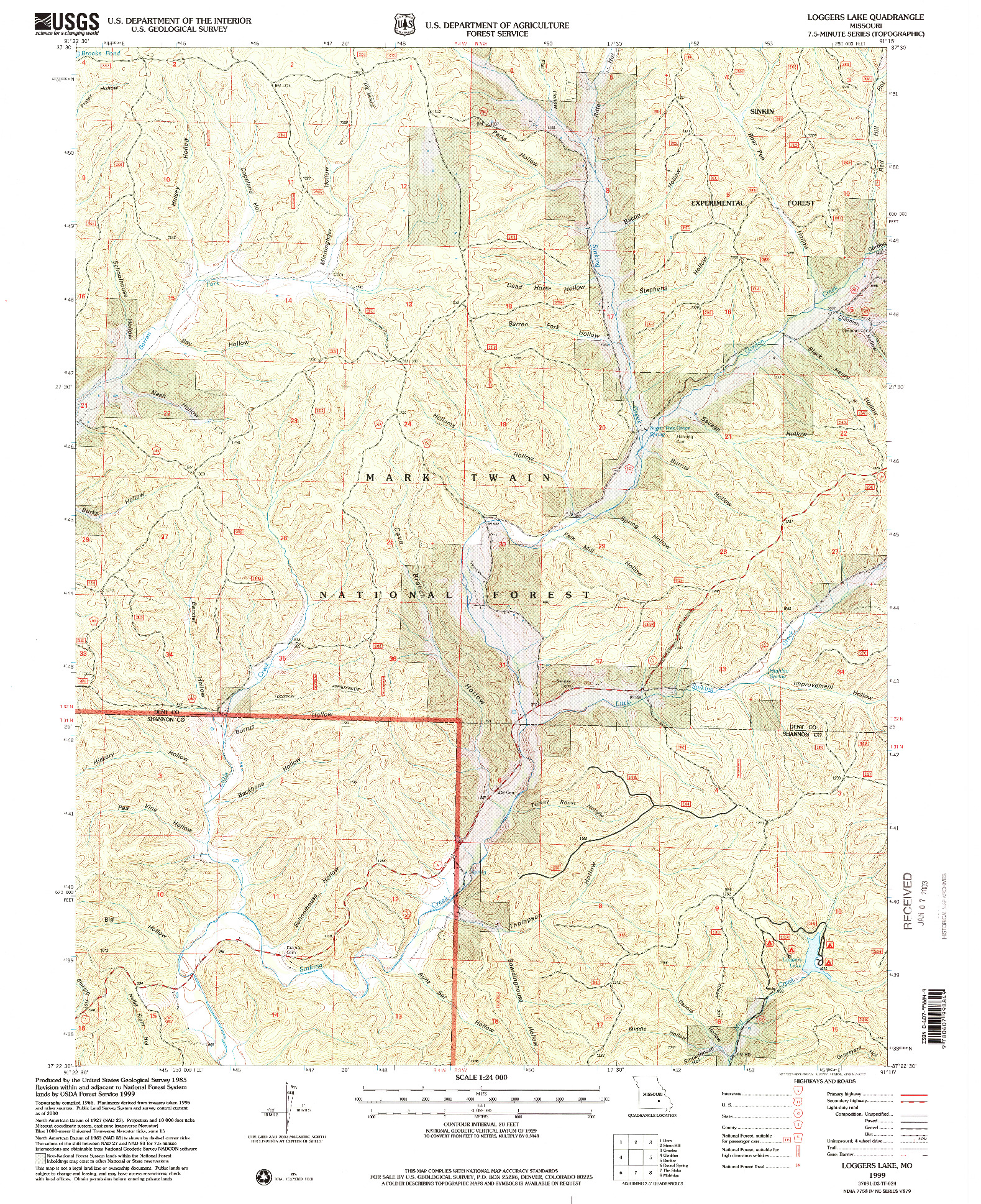USGS 1:24000-SCALE QUADRANGLE FOR LOGGERS LAKE, MO 1999