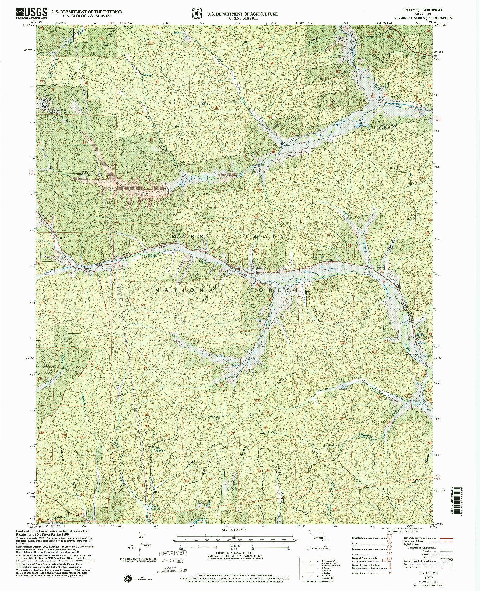 USGS 1:24000-SCALE QUADRANGLE FOR OATES, MO 1999