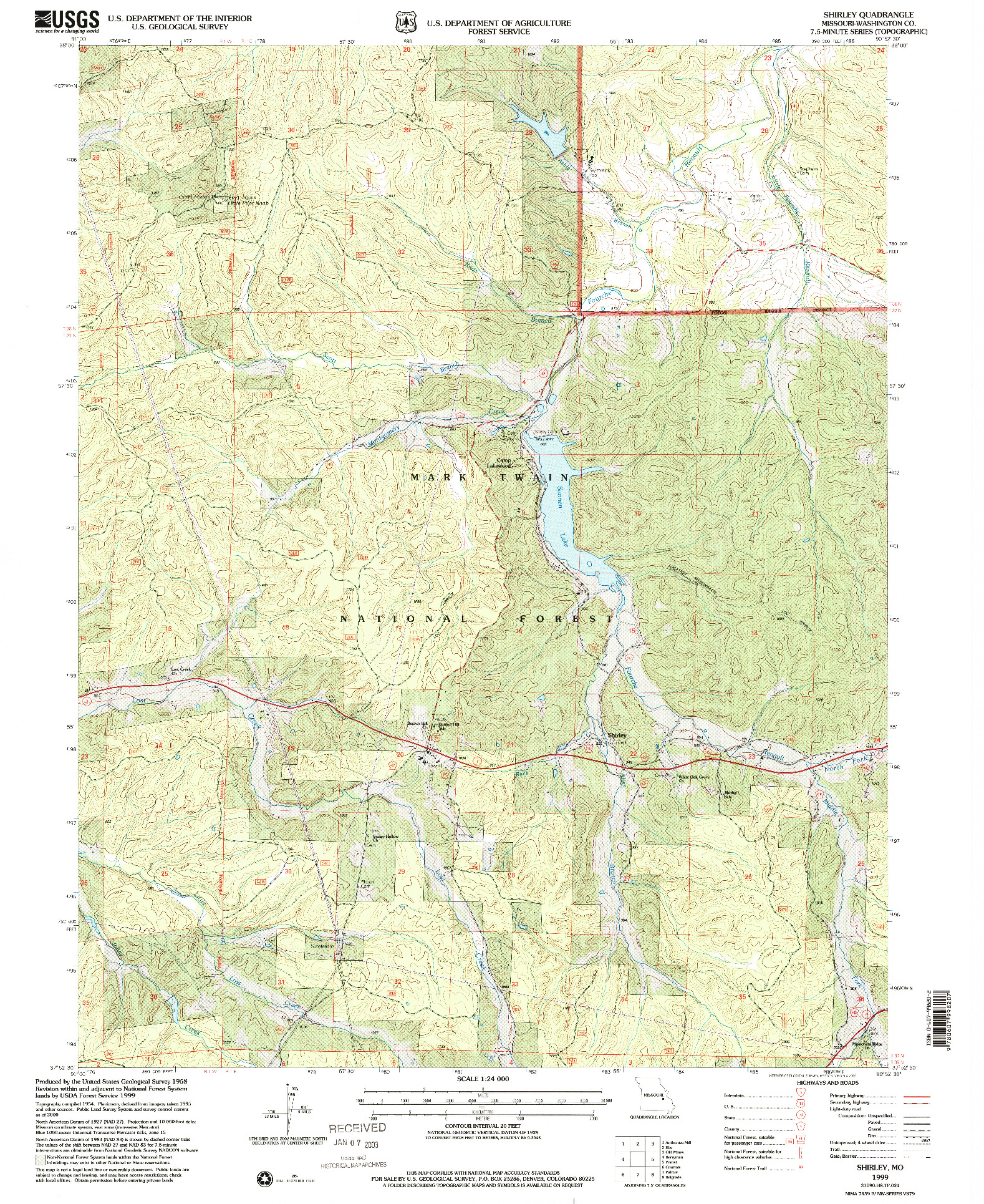 USGS 1:24000-SCALE QUADRANGLE FOR SHIRLEY, MO 1999