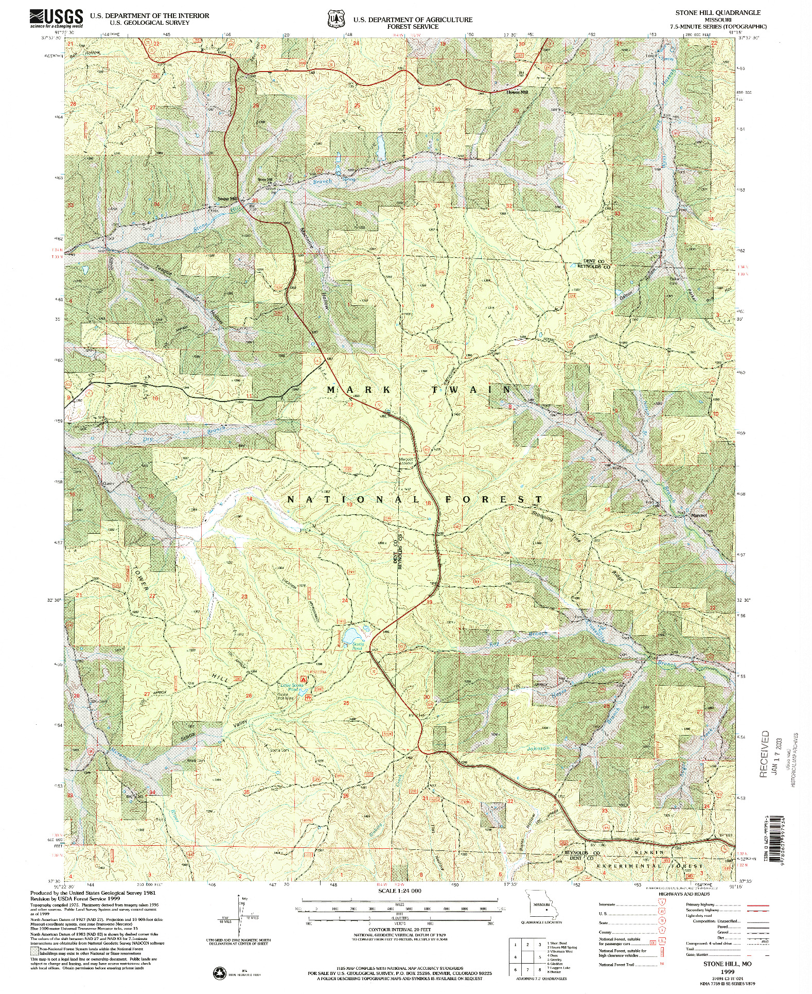 USGS 1:24000-SCALE QUADRANGLE FOR STONE HILL, MO 1999