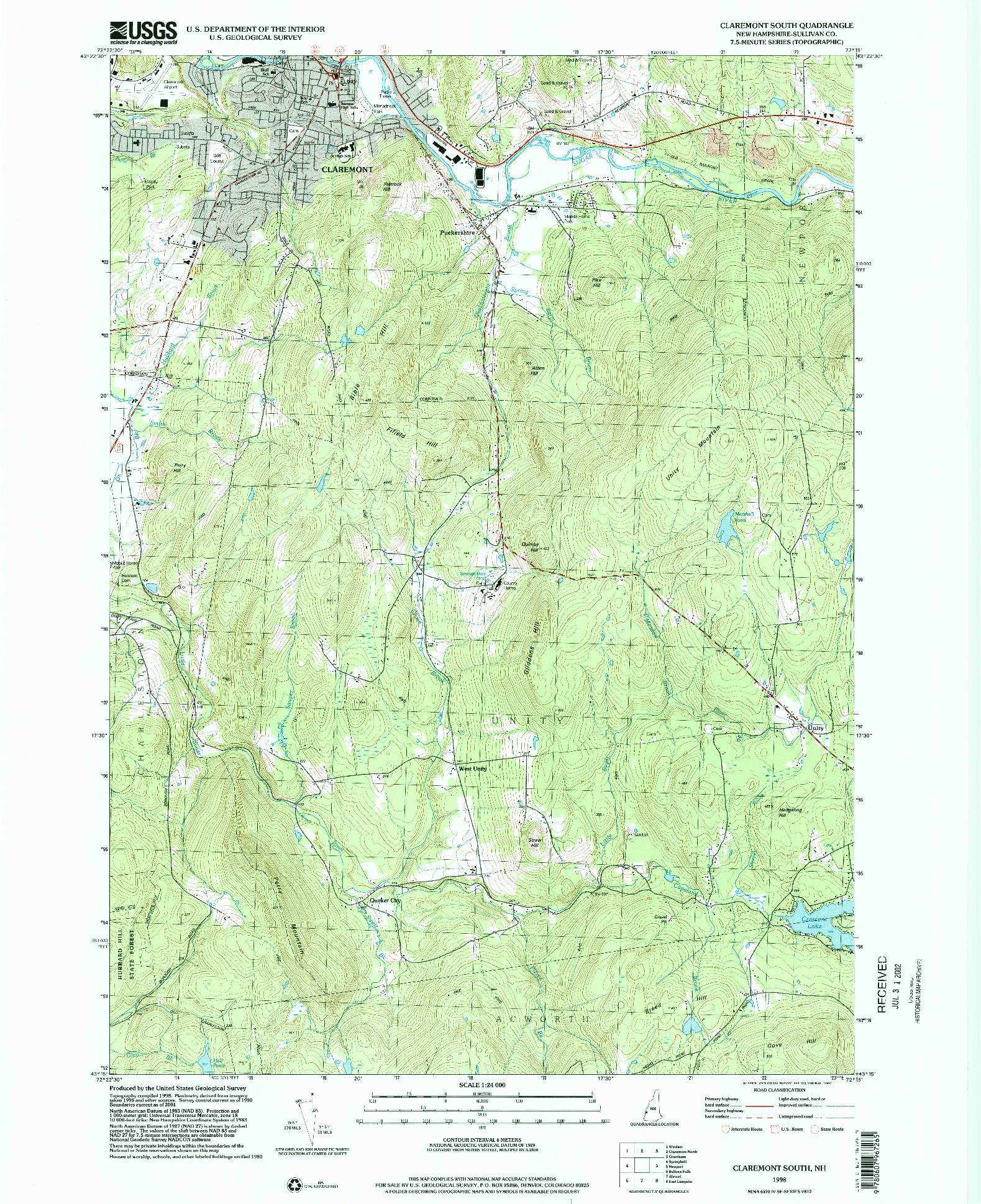 USGS 1:24000-SCALE QUADRANGLE FOR CLAREMONT SOUTH, NH 1998