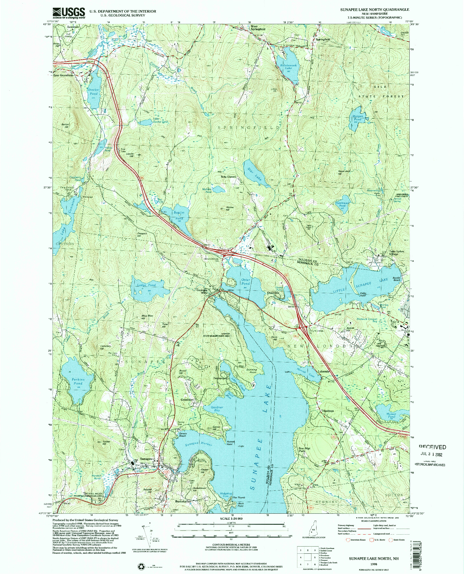 USGS 1:24000-SCALE QUADRANGLE FOR SUNAPEE LAKE NORTH, NH 1998