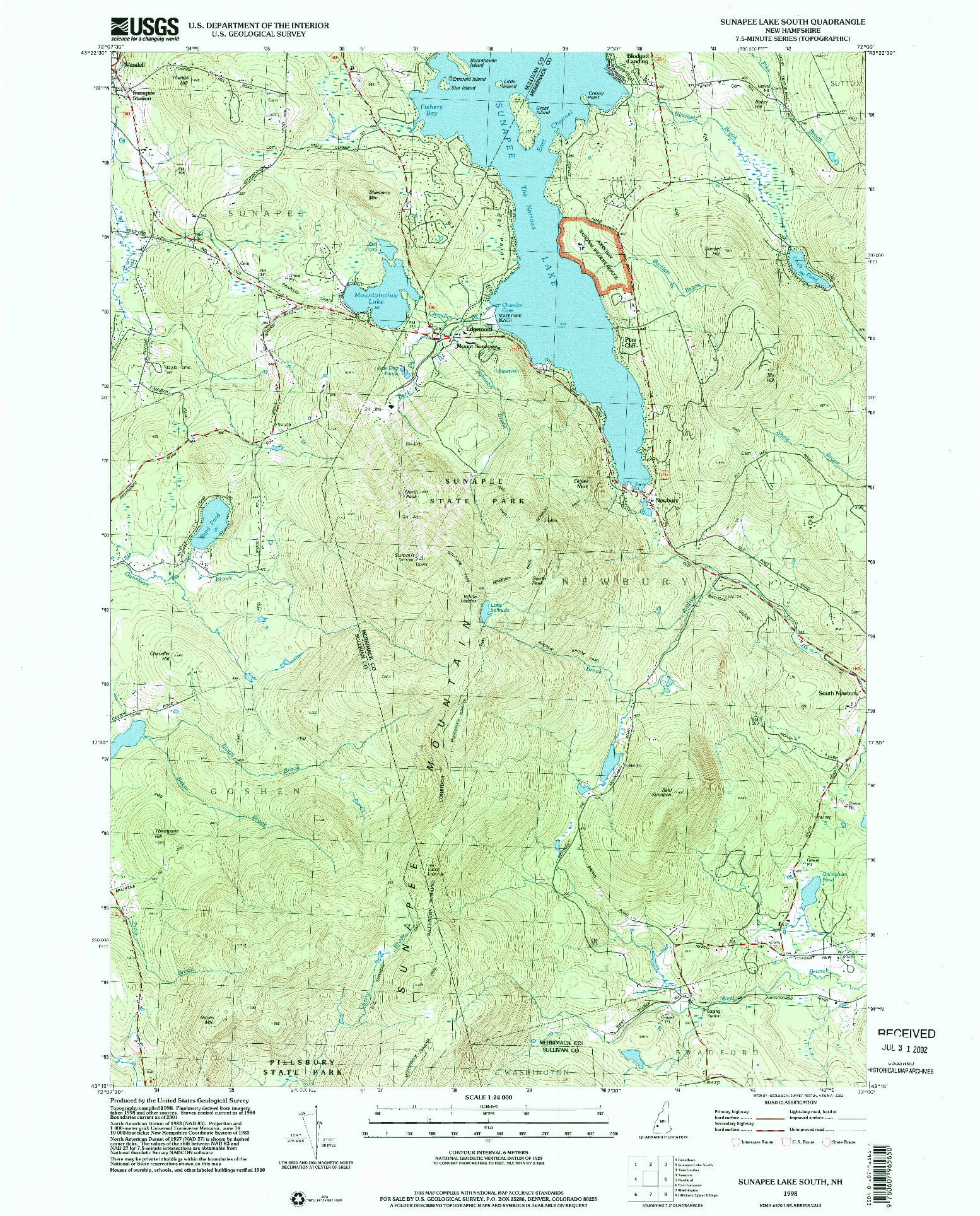 USGS 1:24000-SCALE QUADRANGLE FOR SUNAPEE LAKE SOUTH, NH 1998