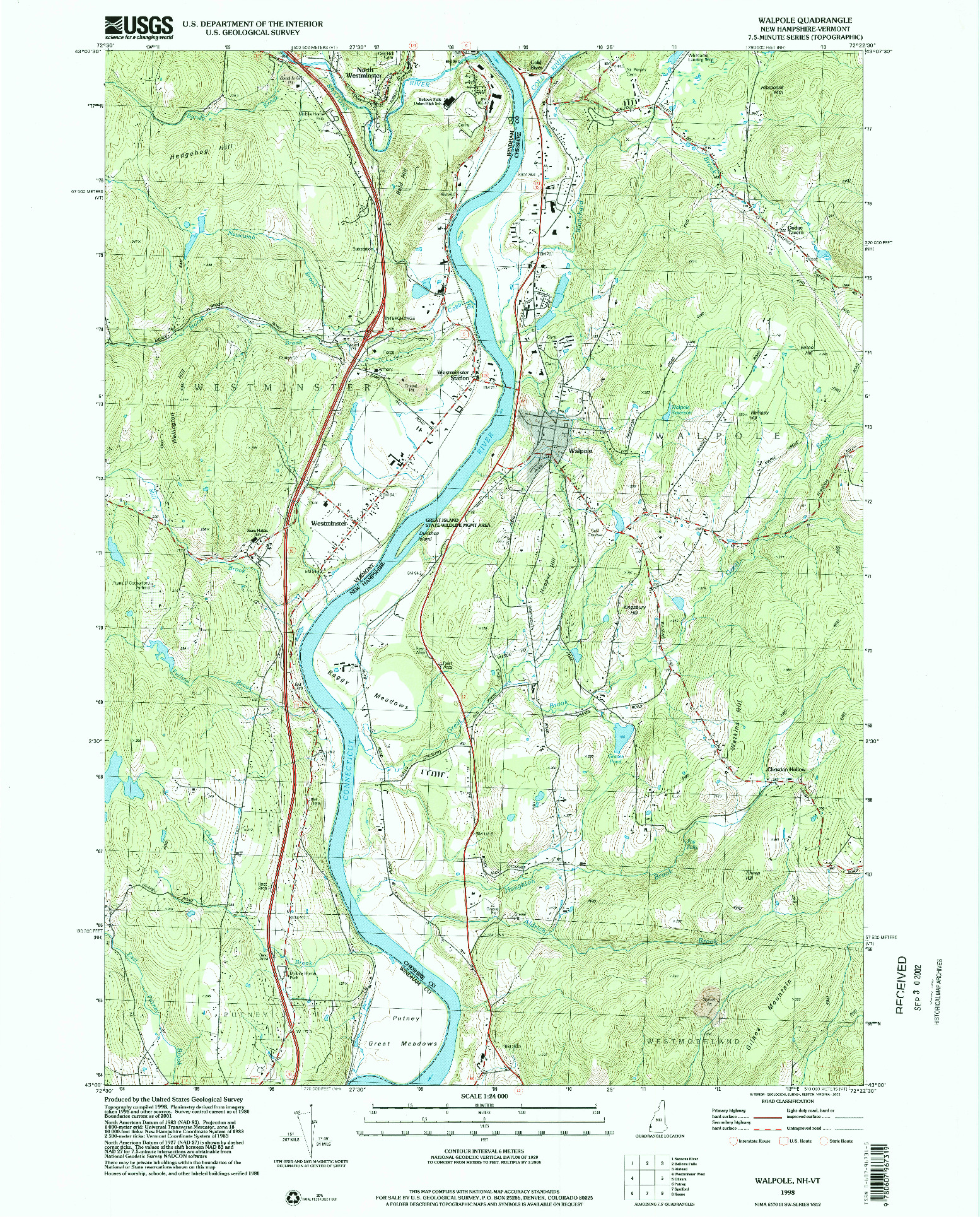 USGS 1:24000-SCALE QUADRANGLE FOR WALPOLE, NH 1998