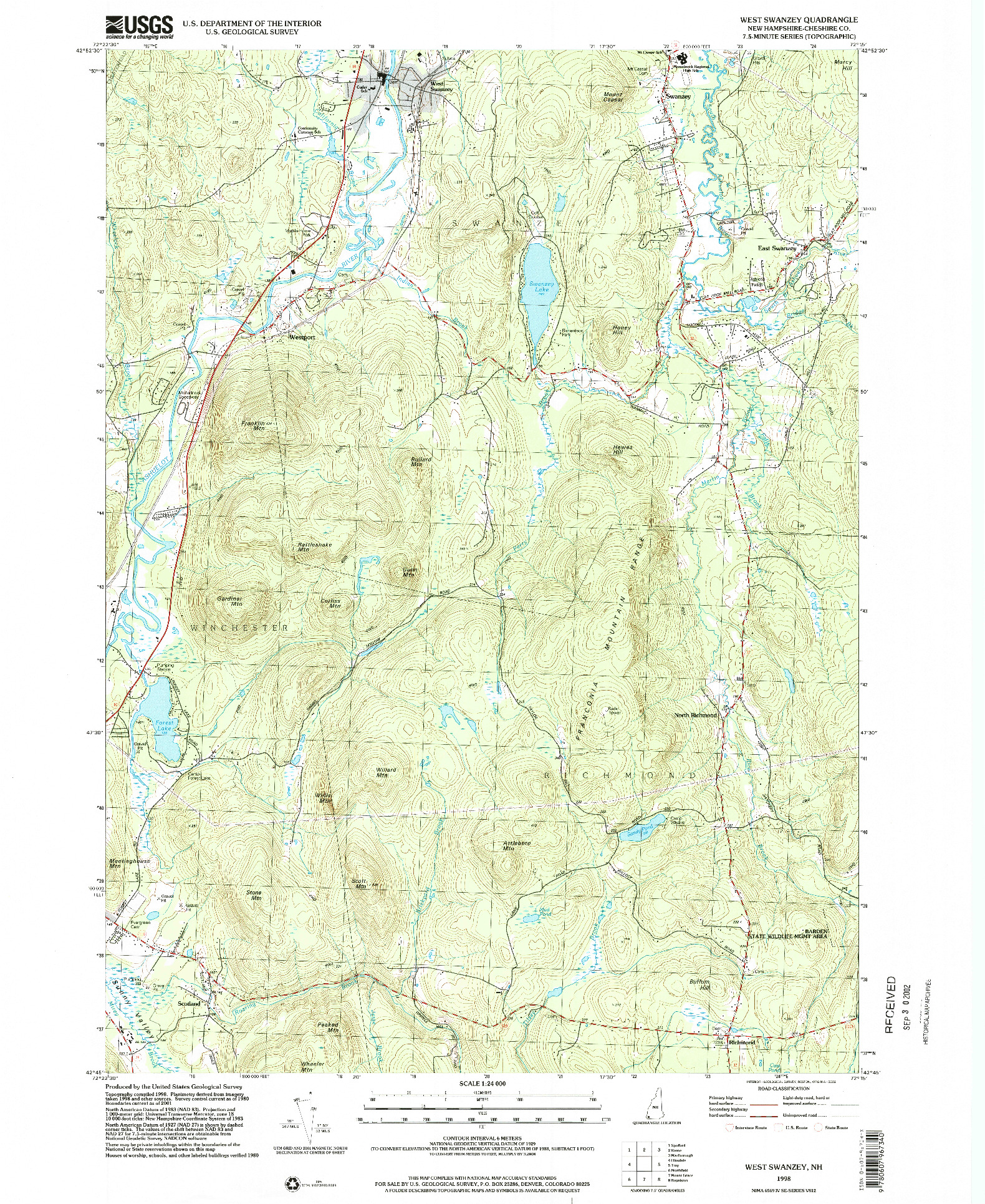 USGS 1:24000-SCALE QUADRANGLE FOR WEST SWANZEY, NH 1998
