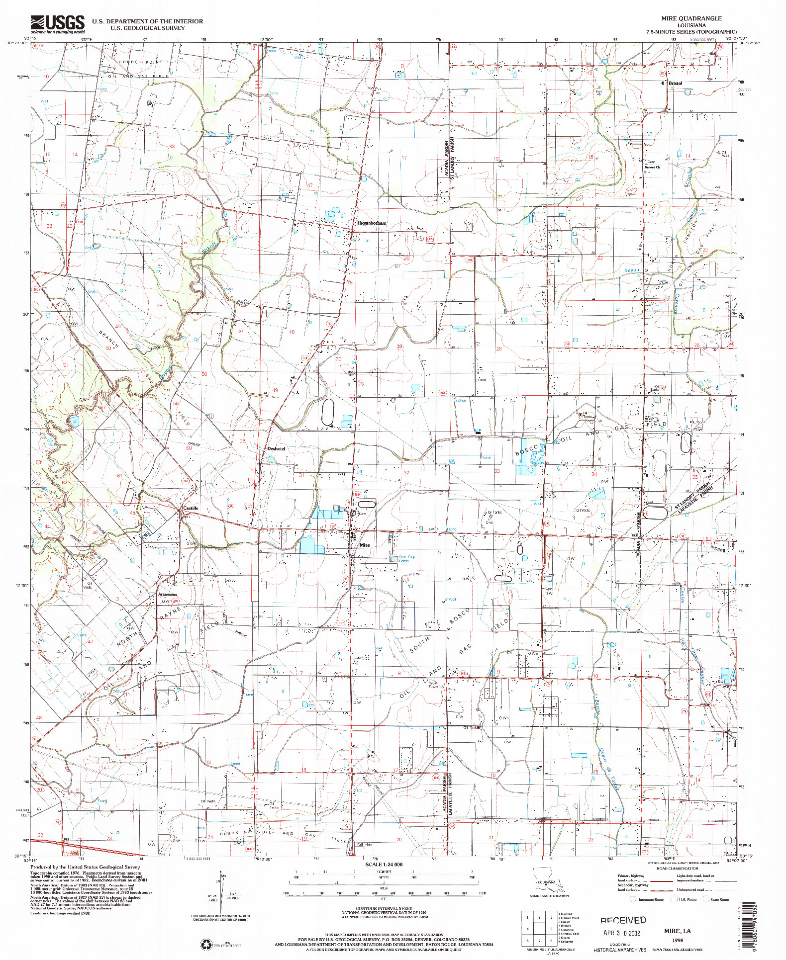 USGS 1:24000-SCALE QUADRANGLE FOR MIRE, LA 1998