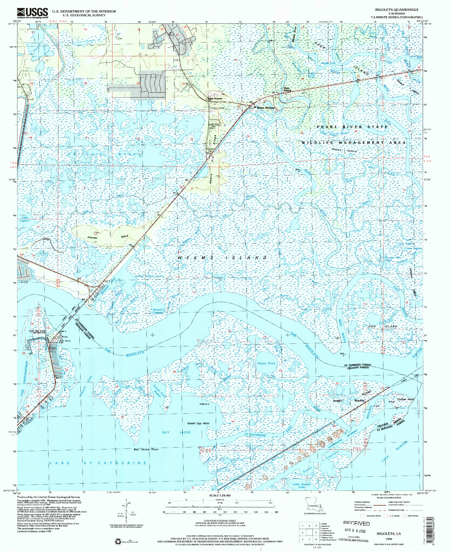 USGS 1:24000-SCALE QUADRANGLE FOR RIGOLETS, LA 1998