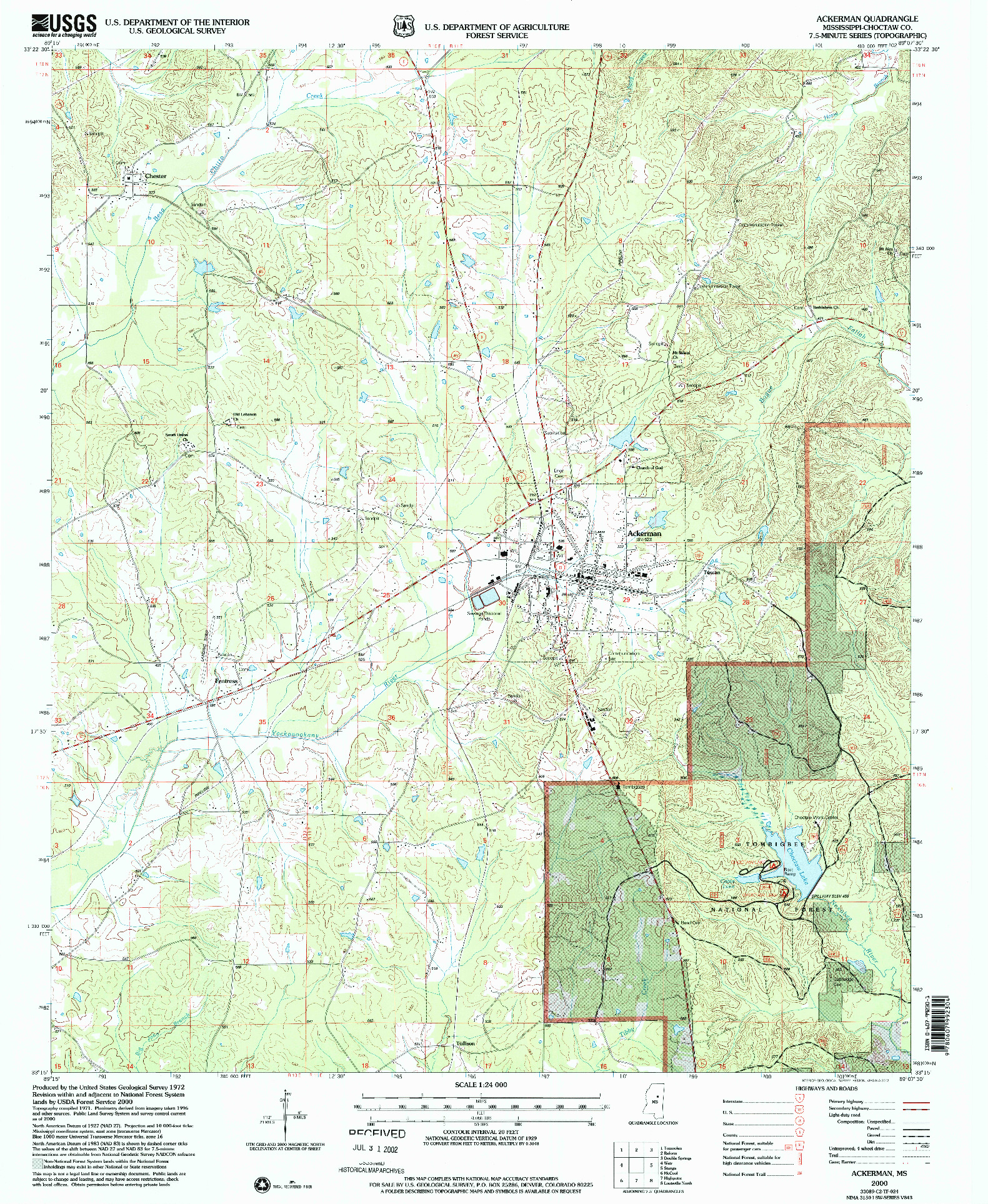 USGS 1:24000-SCALE QUADRANGLE FOR ACKERMAN, MS 2000