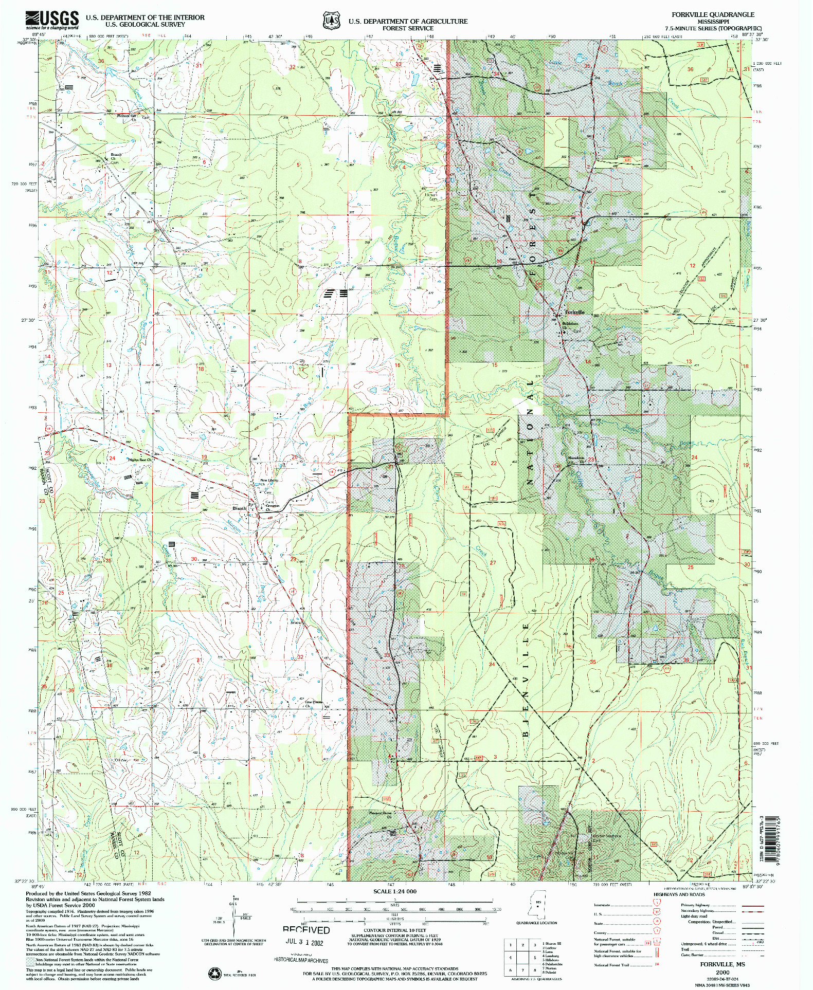 USGS 1:24000-SCALE QUADRANGLE FOR FORKVILLE, MS 2000