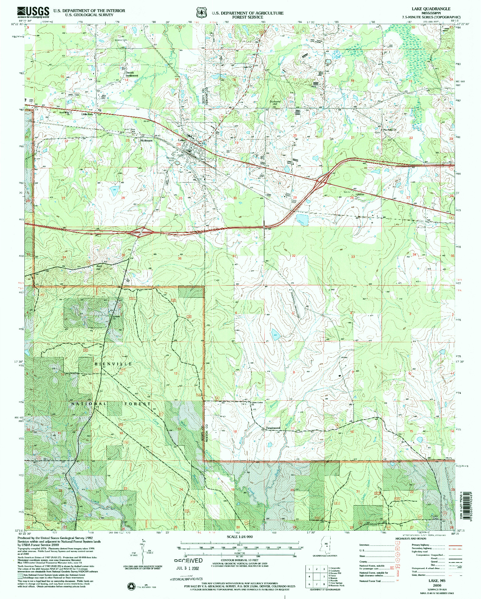USGS 1:24000-SCALE QUADRANGLE FOR LAKE, MS 2000