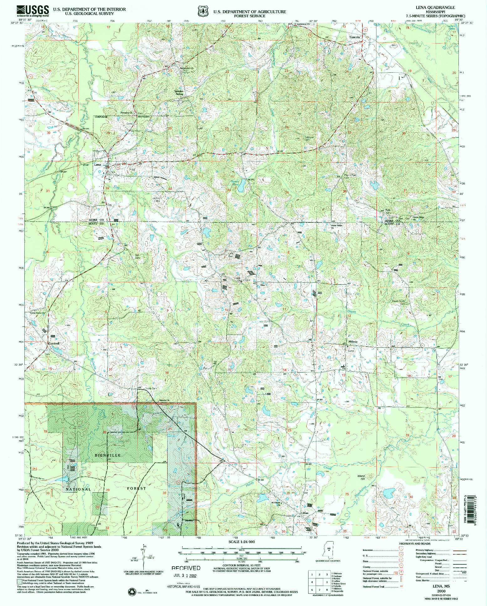 USGS 1:24000-SCALE QUADRANGLE FOR LENA, MS 2000