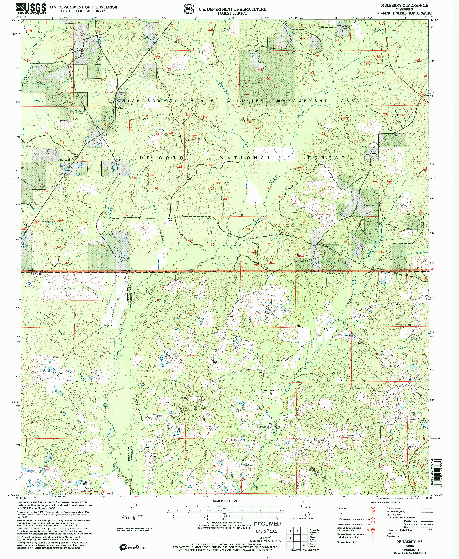 USGS 1:24000-SCALE QUADRANGLE FOR MULBERRY, MS 2000