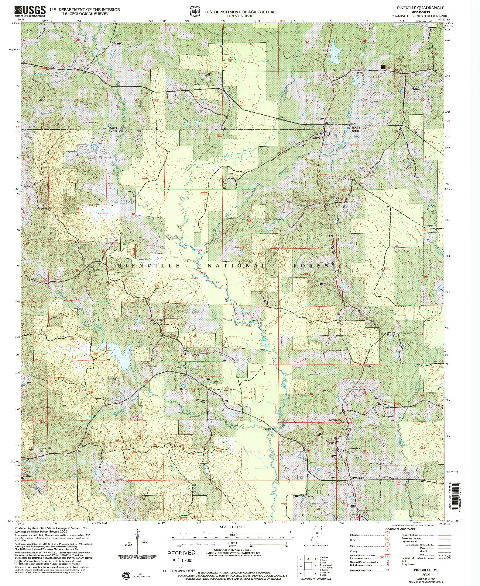 USGS 1:24000-SCALE QUADRANGLE FOR PINEVILLE, MS 2000