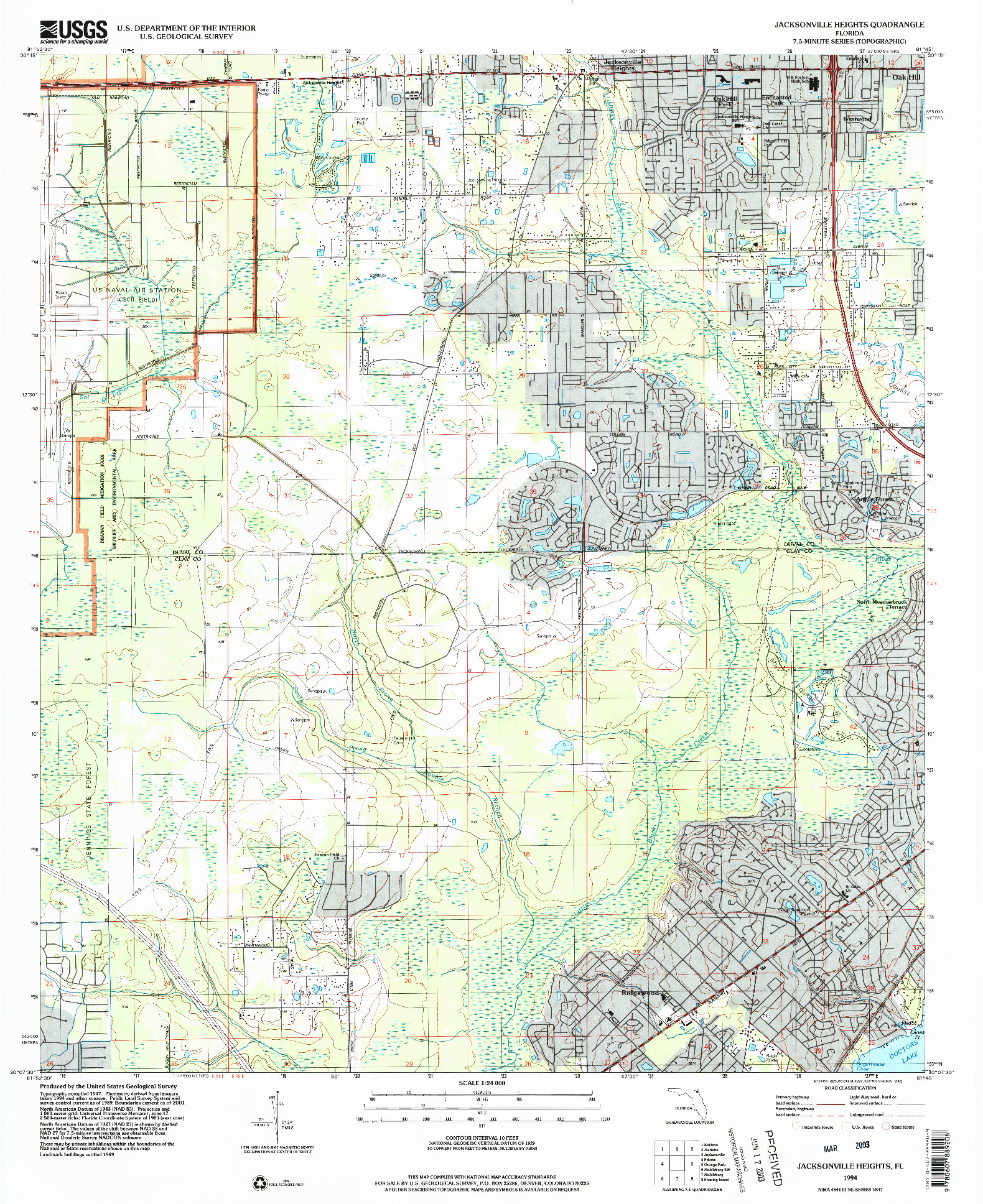 USGS 1:24000-SCALE QUADRANGLE FOR JACKSONVILLE HEIGHTS, FL 1994