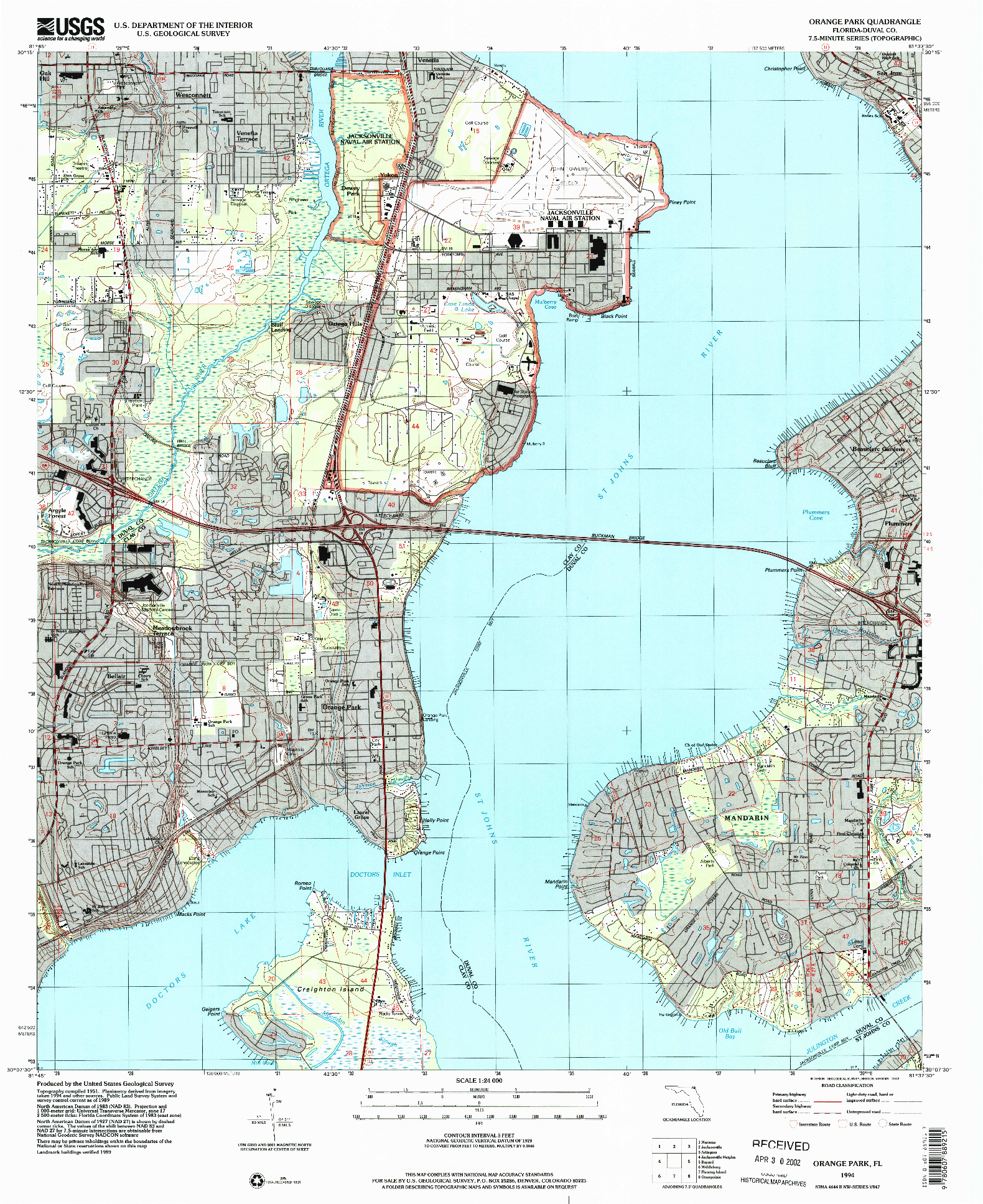 USGS 1:24000-SCALE QUADRANGLE FOR ORANGE PARK, FL 1994