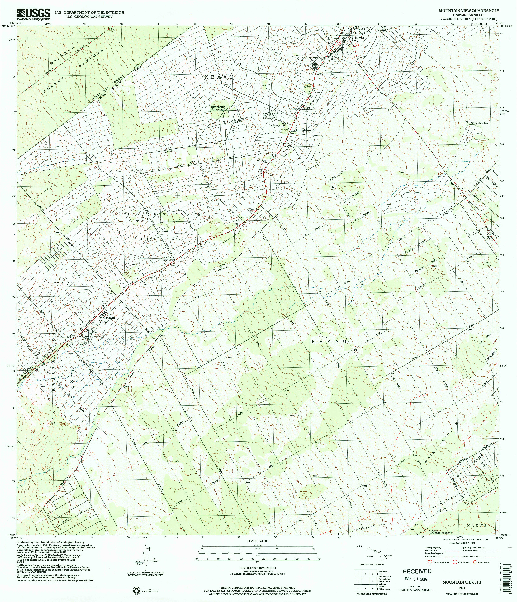 USGS 1:24000-SCALE QUADRANGLE FOR MOUNTAIN VIEW, HI 1994