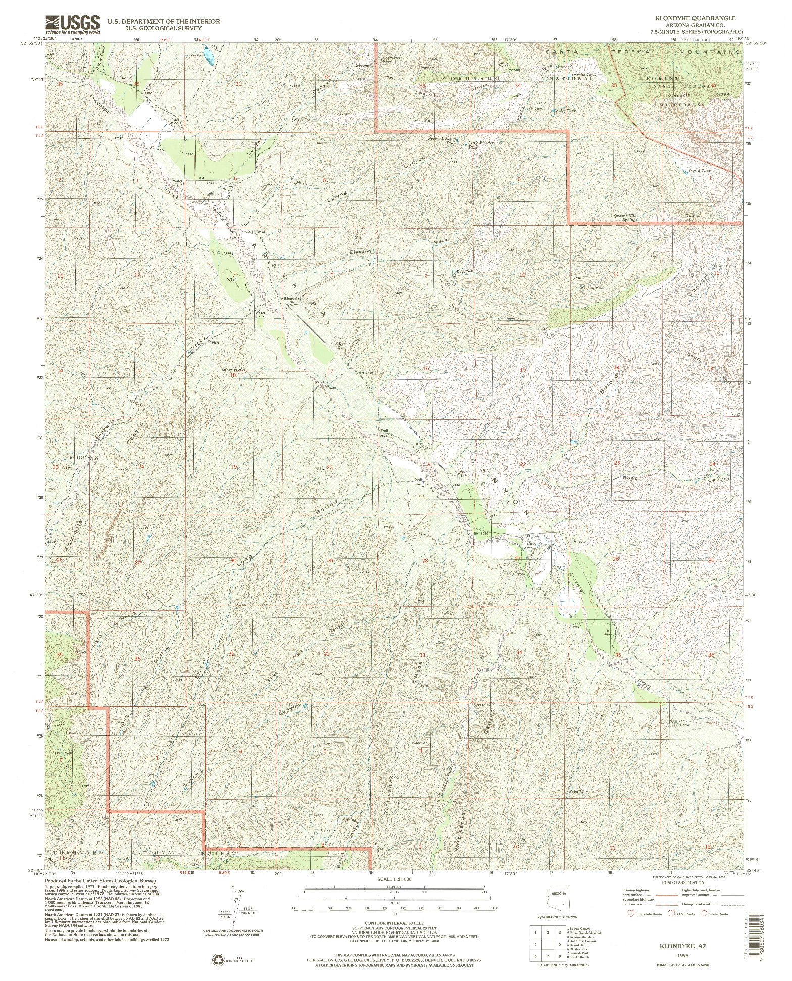 USGS 1:24000-SCALE QUADRANGLE FOR KLONDYKE, AZ 1998