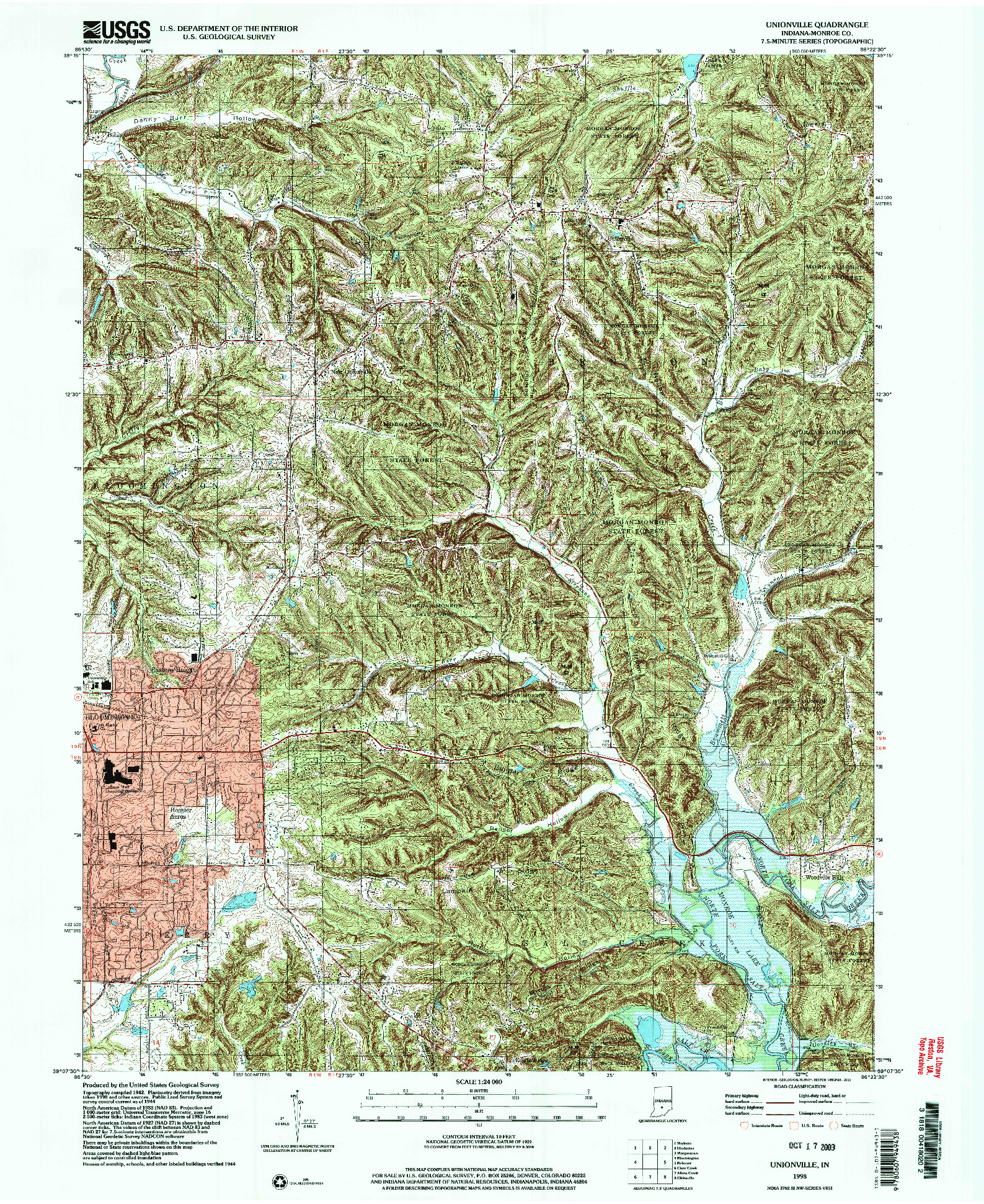 USGS 1:24000-SCALE QUADRANGLE FOR UNIONVILLE, IN 1998