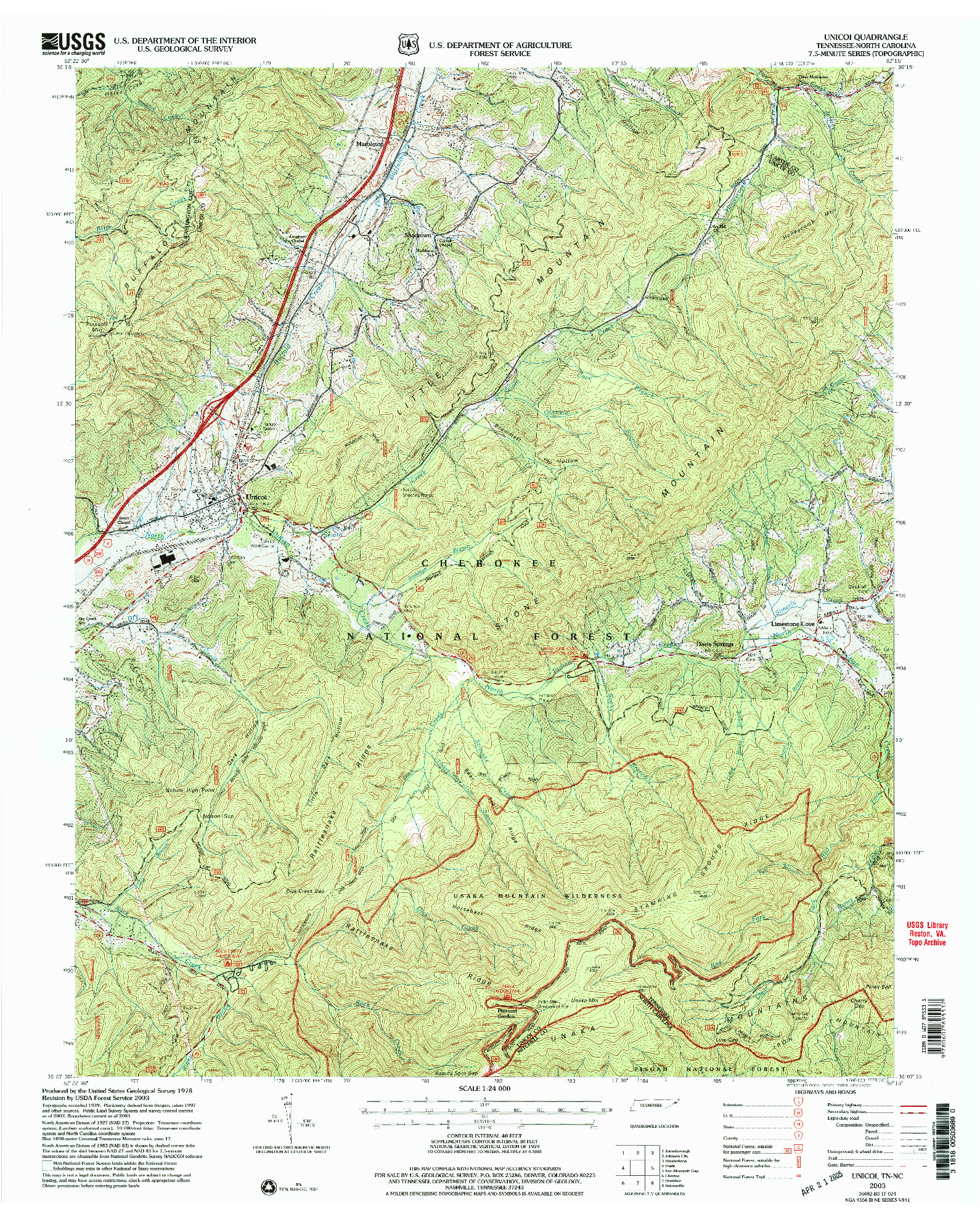 USGS 1:24000-SCALE QUADRANGLE FOR UNICOI, TN 2003