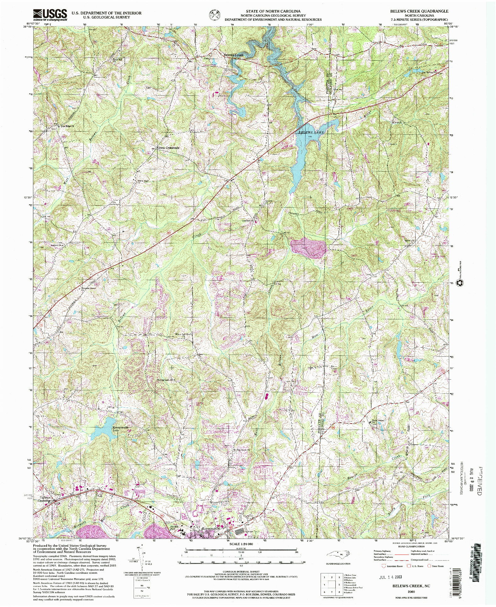 USGS 1:24000-SCALE QUADRANGLE FOR BELEWS CREEK, NC 2000