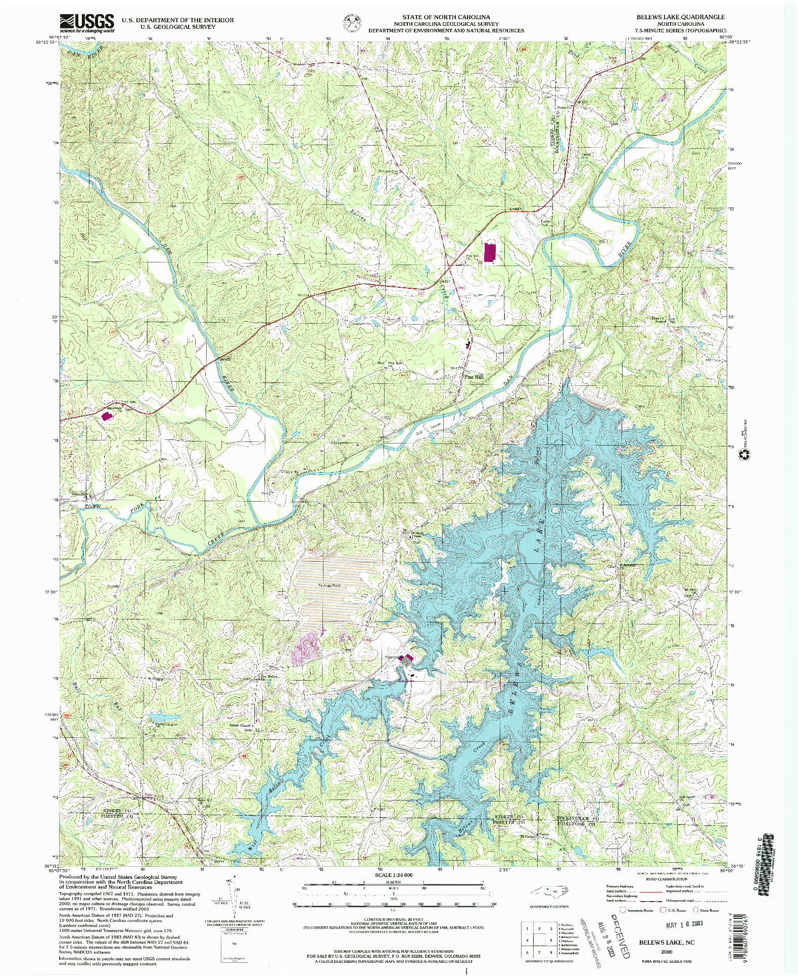 USGS 1:24000-SCALE QUADRANGLE FOR BELEWS LAKE, NC 2000