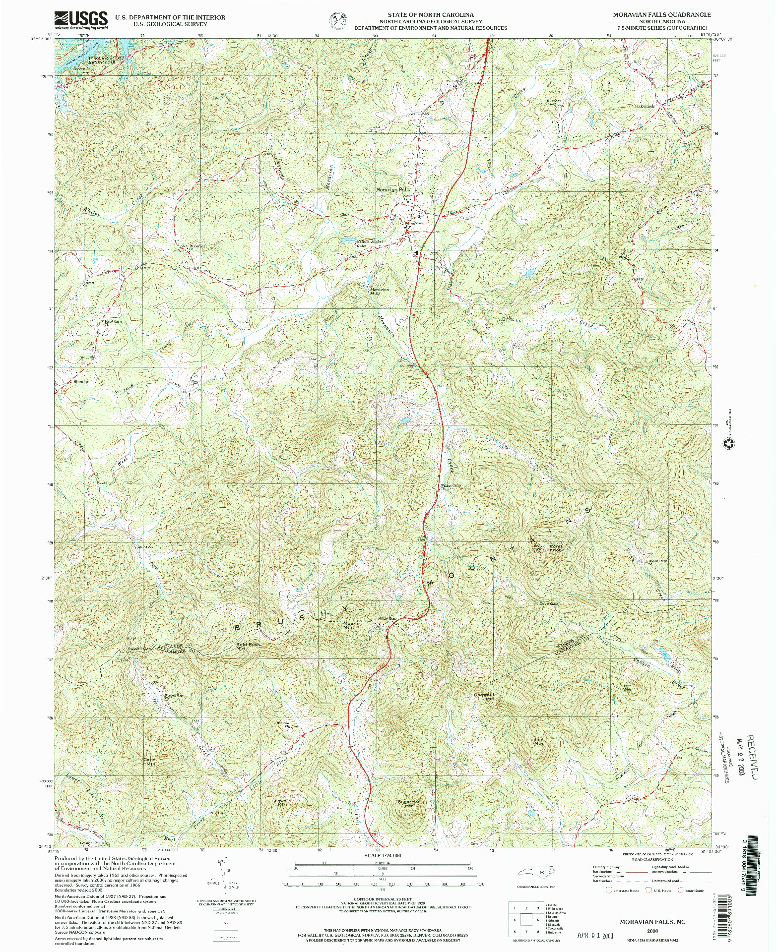 USGS 1:24000-SCALE QUADRANGLE FOR MORAVIAN FALLS, NC 2000